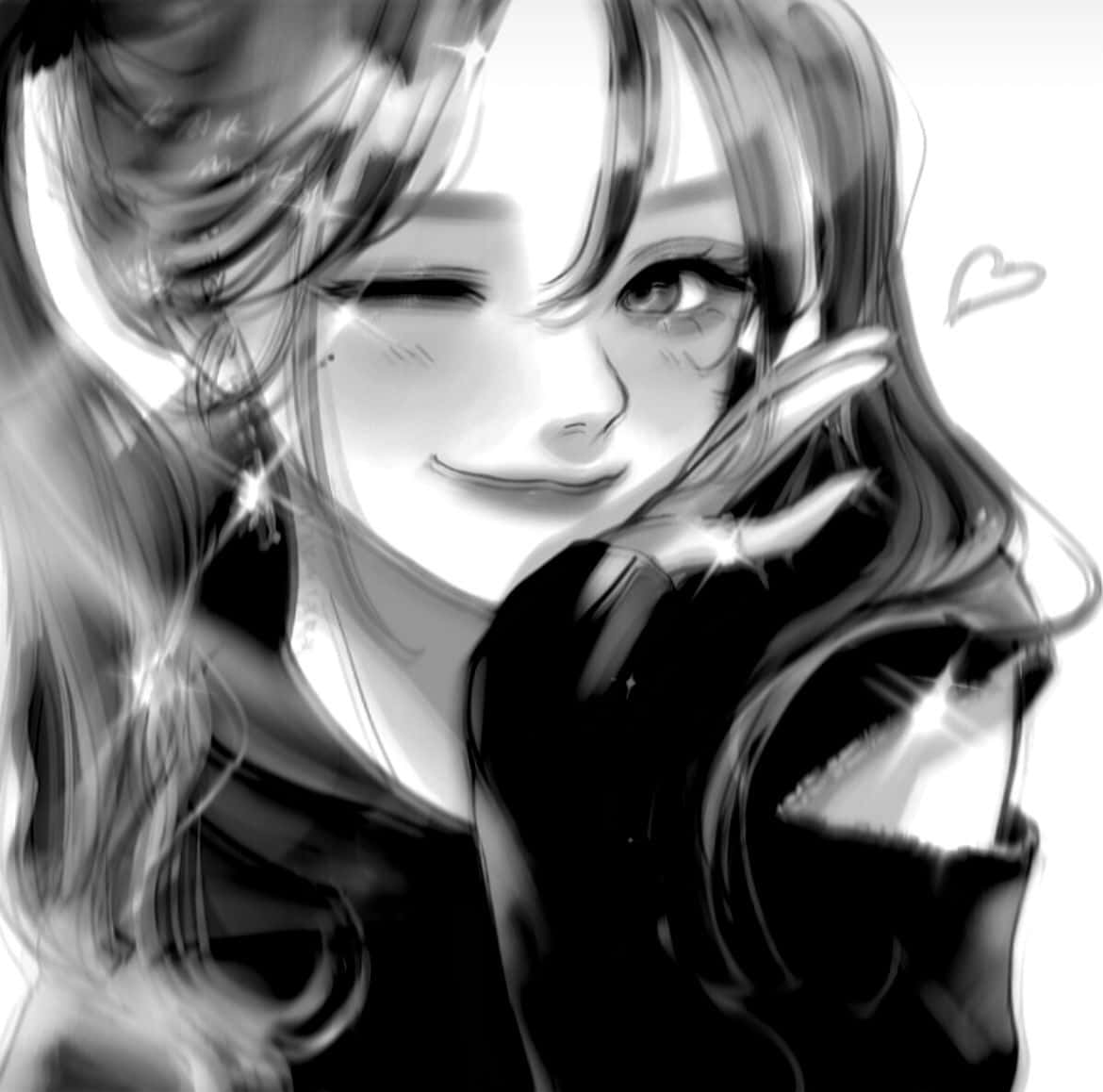 Cute Anime Profile 桌布 壁紙 — 一個單色動漫女孩頑皮地眨眼，同時將手靠近臉龐，附近有閃光和漂浮的心形。