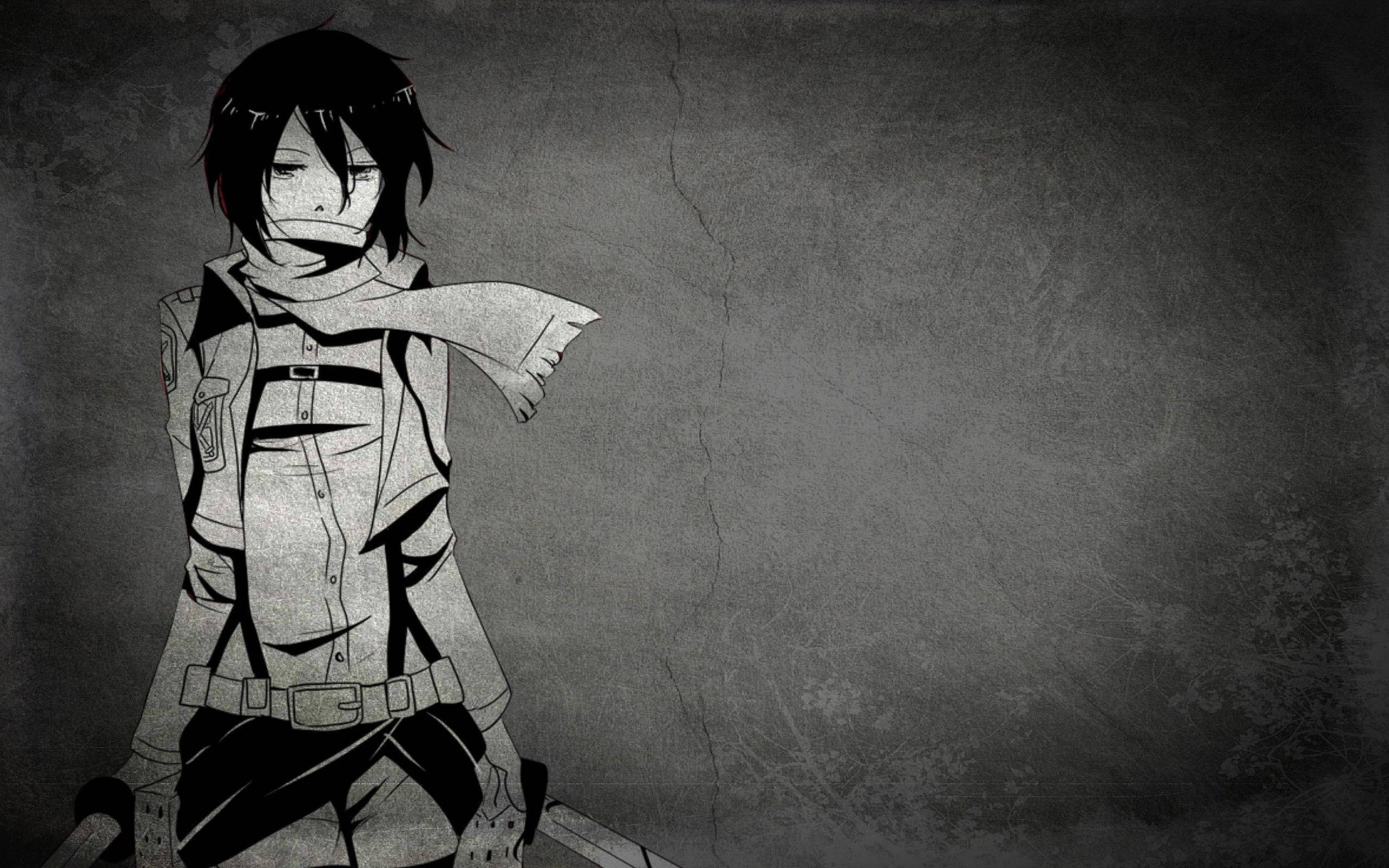 Black And White Anime Boy 桌布 壁紙 — 一個單色動漫角色，戴著圍巾和武器，站在佈滿裂縫的灰色牆壁前，背景陰暗且充滿陰影。