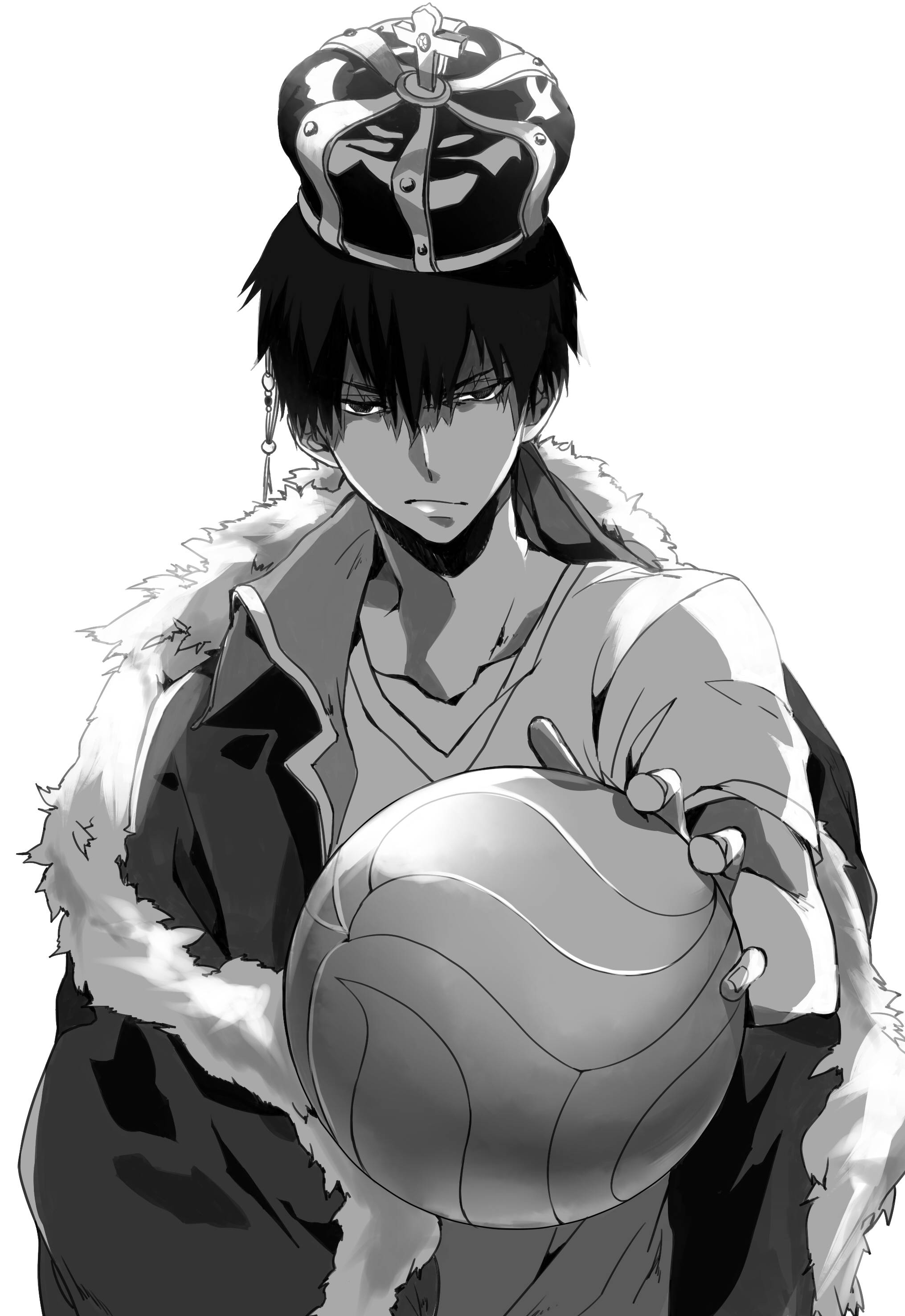 Kageyama 桌布 壁紙 — 一個單色動漫角色，戴著皇冠和毛皮邊大衣，手持排球，表情嚴肅。