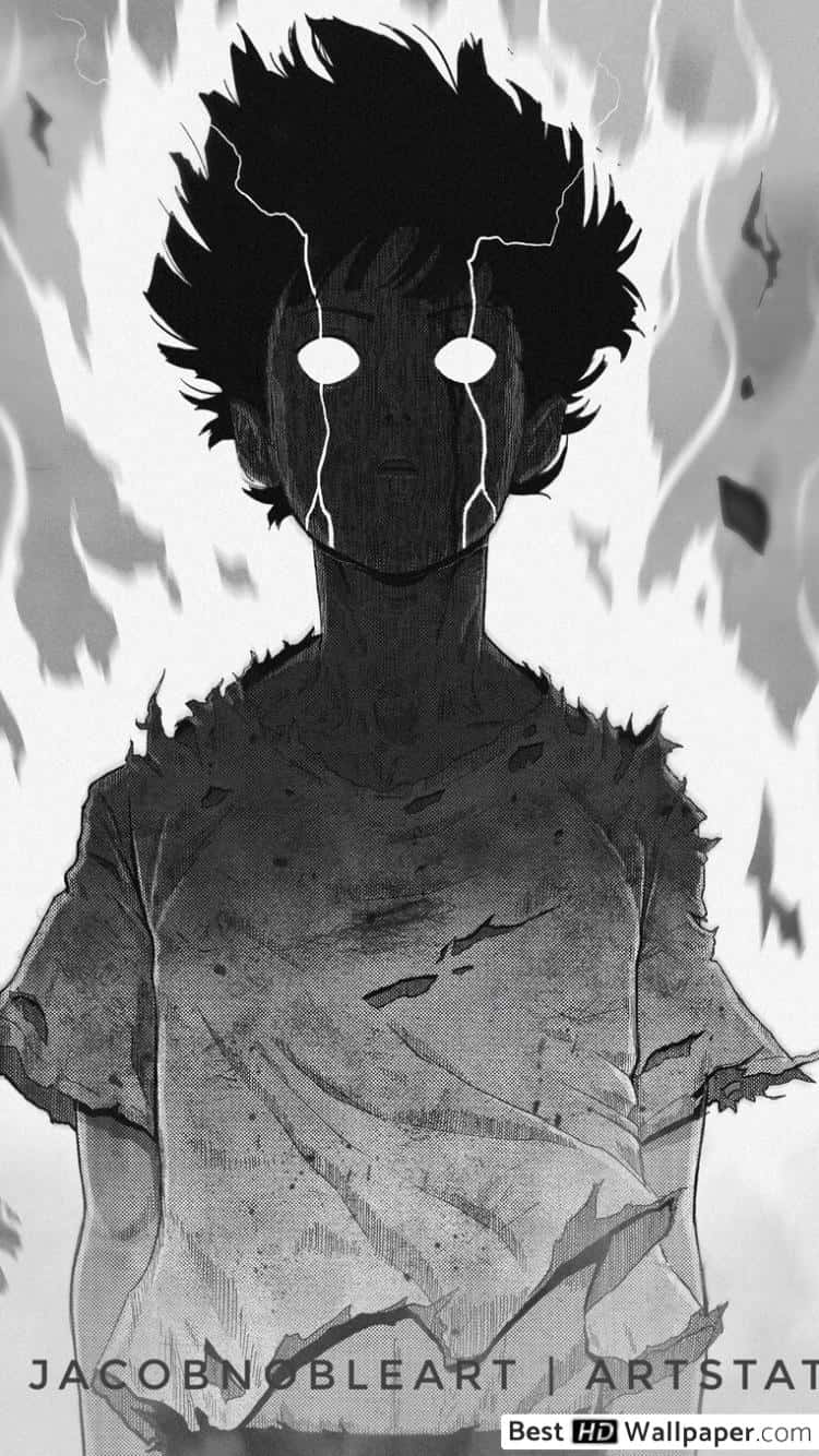 Mob Psycho iPhone 桌布 壁紙 — 一個單色動漫角色，擁有尖刺頭髮和發光的眼睛，站在噼啪作響的能量中，穿著破爛的襯衫。
