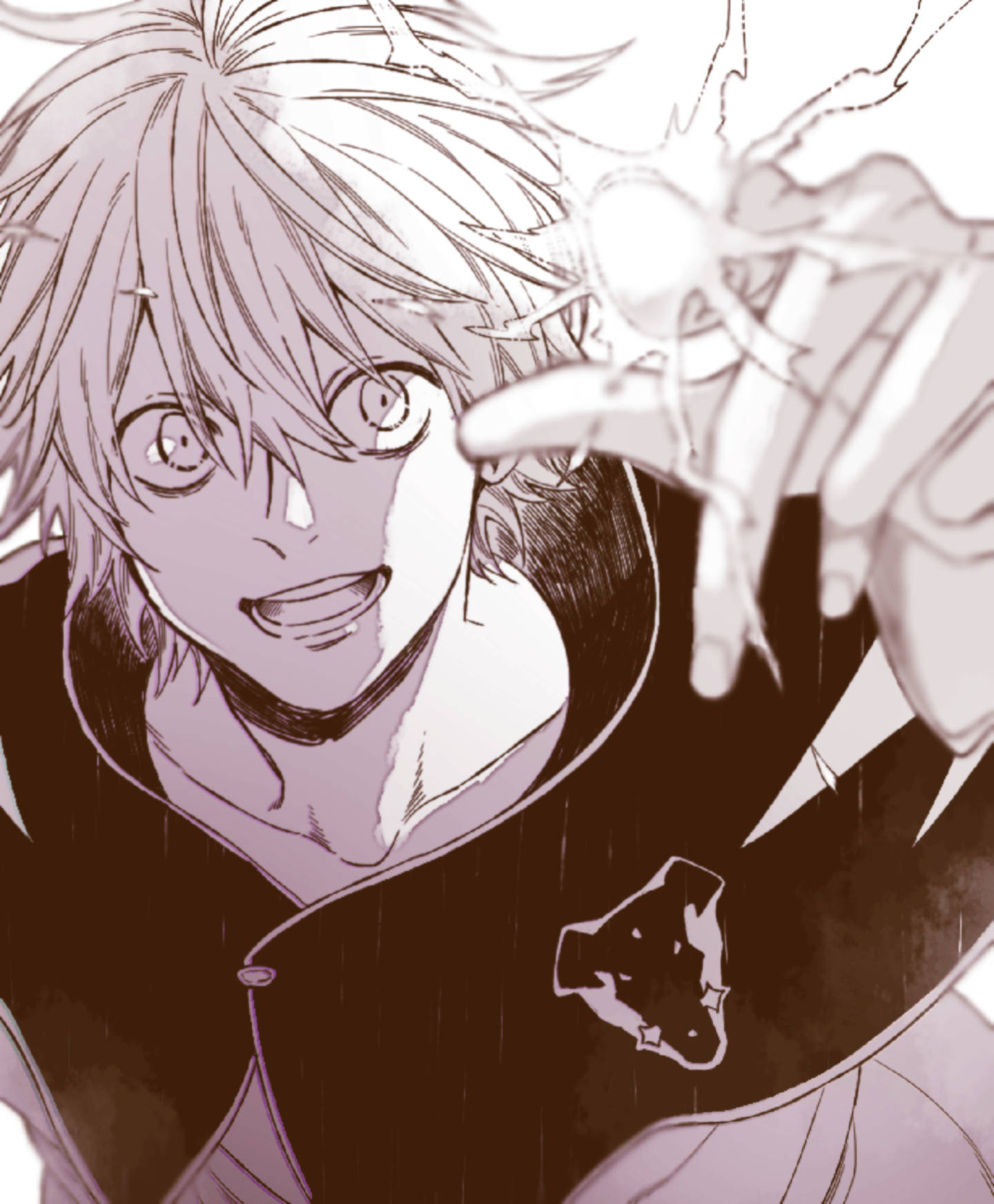 Luck Voltia 桌布 壁紙 — 一個單色動漫角色，擁有狂野的頭髮和銳利的眼神，在雨中的場景中手持發光球體。