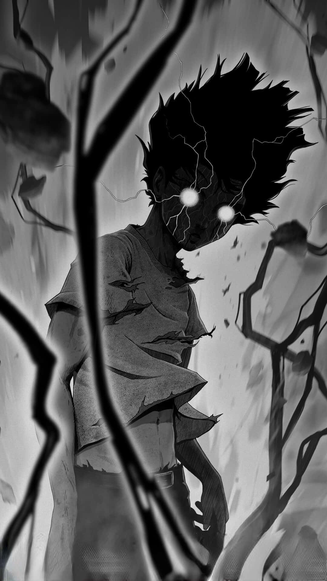 動漫男孩 桌布 壁紙 — 一個單色動漫角色，擁有發光的眼睛和尖刺頭髮，站在破碎的樹枝中，處於暴風雨般的戲劇性場景。
