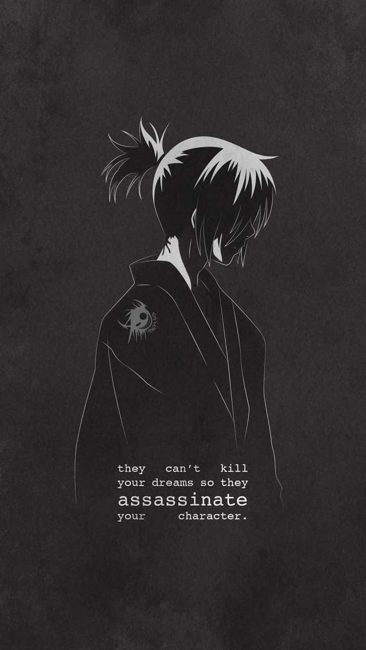 Sad Anime Quotes 桌布 壁紙 — 一個單色動漫角色，有尖刺頭髮和肩膀上的刺青，側面站立在帶有紋理的深色背景前，背景上有勵志文字。