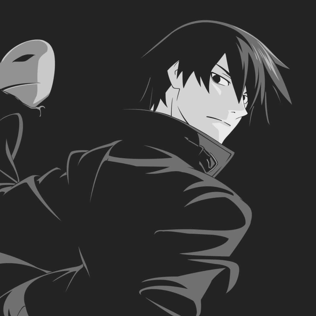 動漫男孩 桌布 壁紙 — 一個單色動漫角色，有著尖刺頭髮和嚴肅表情，站在一個戴面具的人物旁邊，背景為深色。