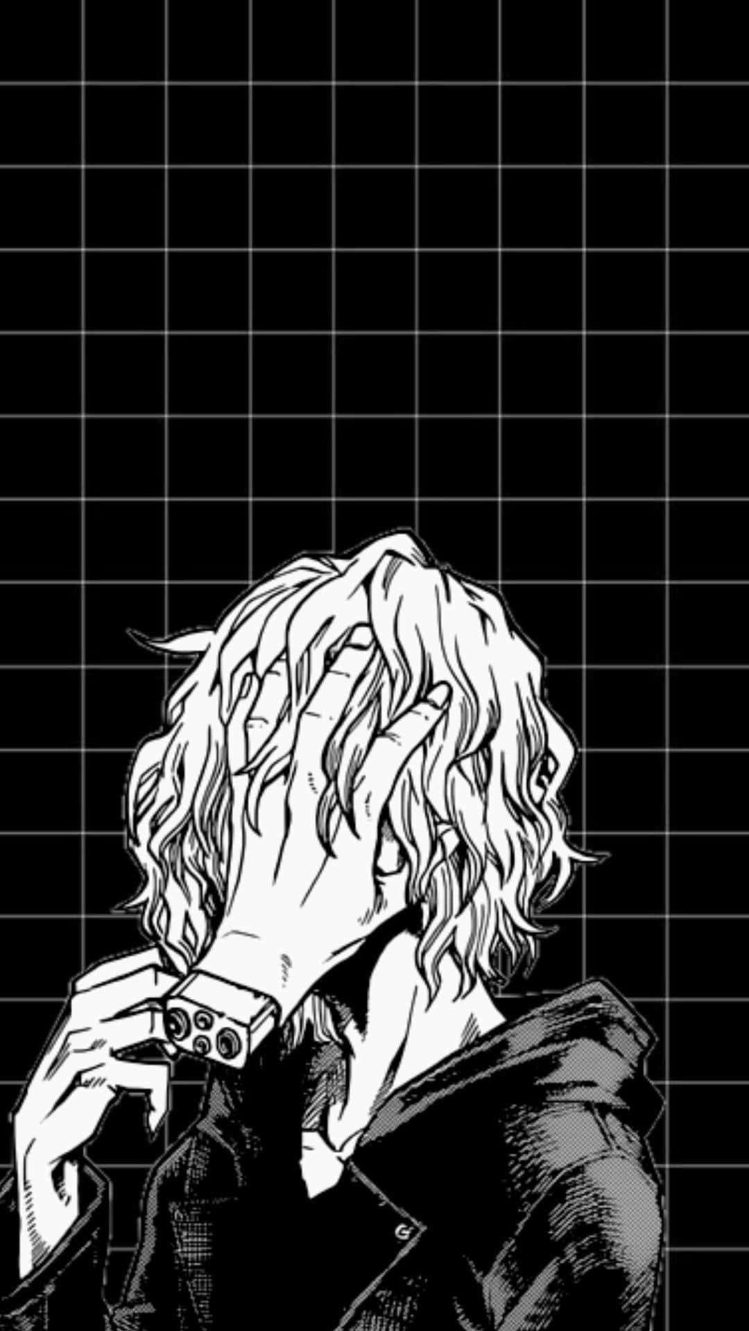 Tomura Shigaraki 桌布 壁紙 — 一個單色動漫角色，波浪頭髮，一隻手遮住臉，另一隻手拿著相機，背景為網格。