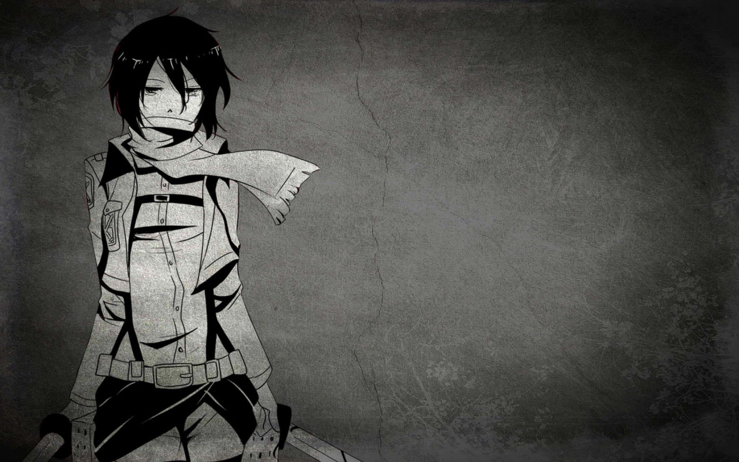 Black And White Anime 桌布 壁紙 — 一個單色動漫角色，深色頭髮和圍巾，站在裂縫的灰色牆壁前，背景粗糙陰暗。