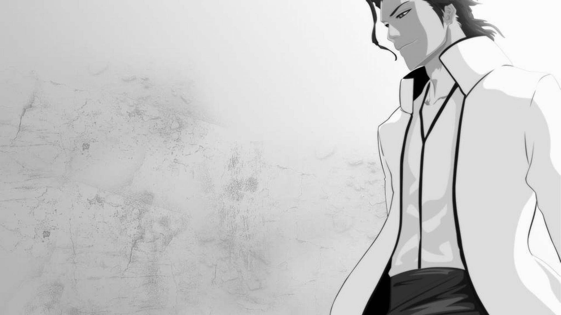 Aizen 桌布 壁紙 — 一個單色動漫角色，長髮，身穿白色外套，靠著紋理牆壁，露出自信的笑容。