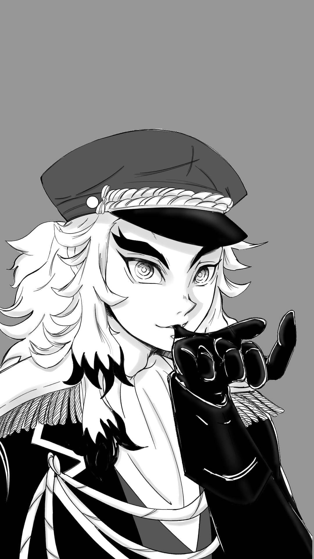 Demon Slayer Black And White 桌布 壁紙 — 一個單色動漫角色，頭髮凌亂，戴著帽子，戴著手套的手直接指向觀眾。