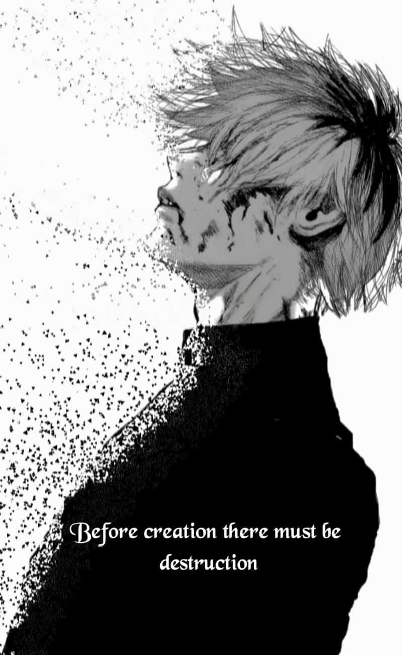 Sad Anime Quotes 桌布 壁紙 — 一個單色動漫角色，頭髮尖刺，在純白背景上溶解成粒子。
