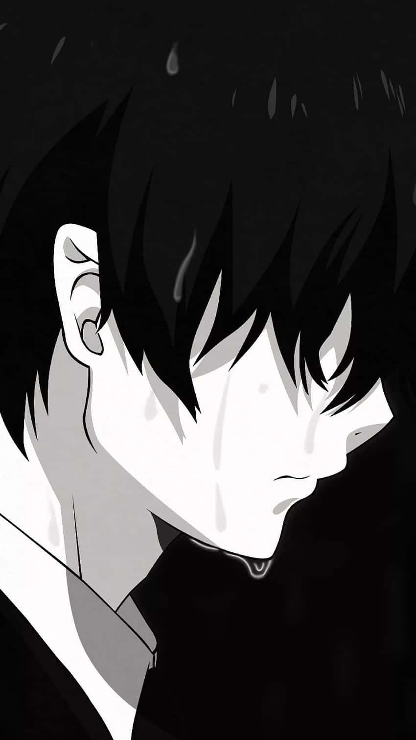 depressed anime 桌布 壁紙 — 一個單色動漫角色，頭髮尖刺，在黑暗背景下流淚。