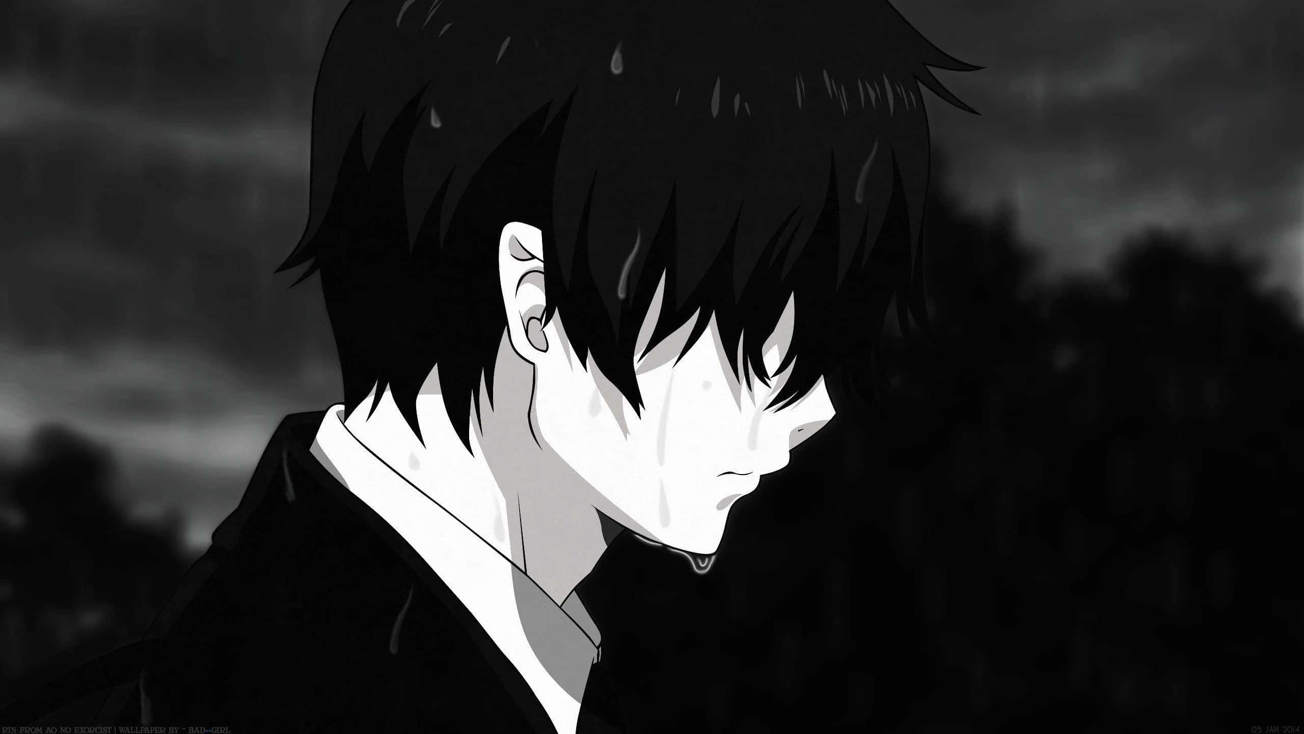 動漫男孩 桌布 壁紙 — 一個單色動漫角色，頭髮尖刺，臉上帶淚，在黑暗暴風雨的天空下低頭俯視。