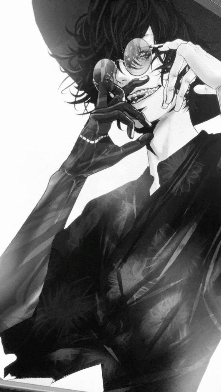 Crazy Anime Boy 桌布 壁紙 — 一個單色動漫角色，頭髮狂野，戴著眼鏡，以戲劇性的姿勢將電話貼在臉上。