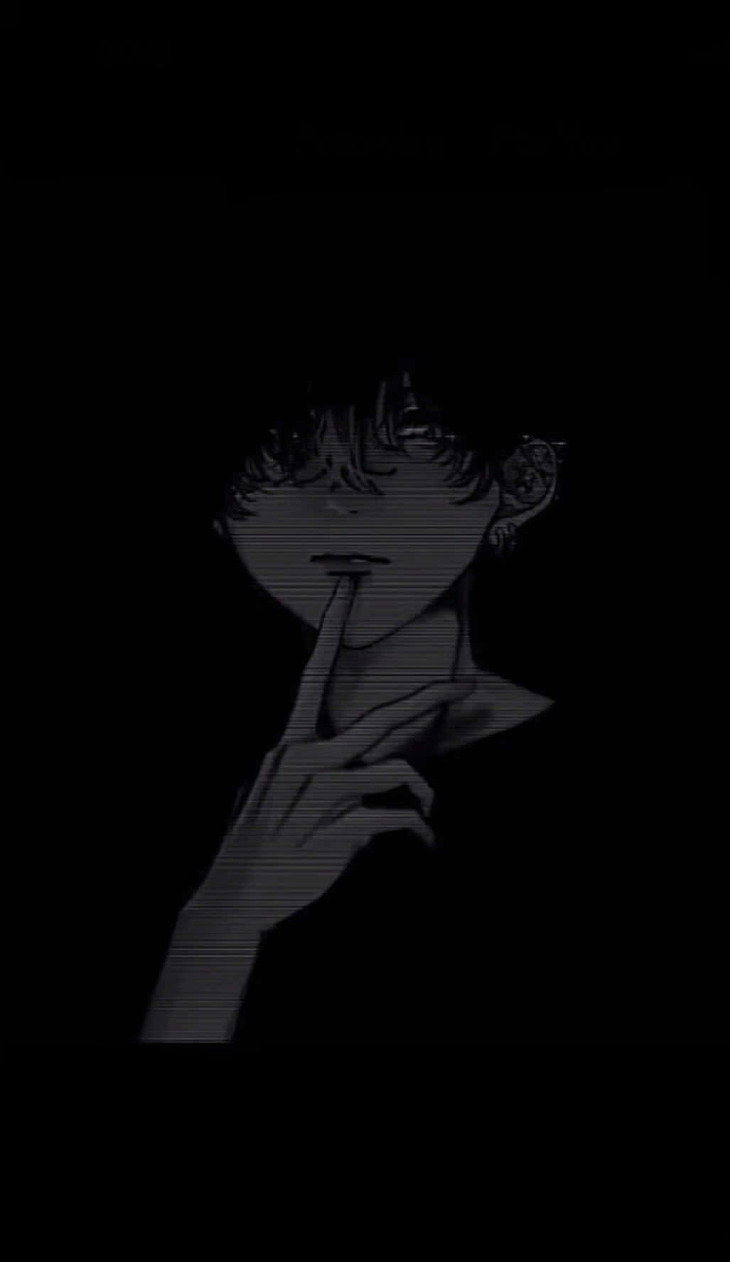 Sad Dark Anime 桌布 壁紙 — 一個單色動漫角色手指放在嘴唇上，背景為黑色並帶有掃描線效果。