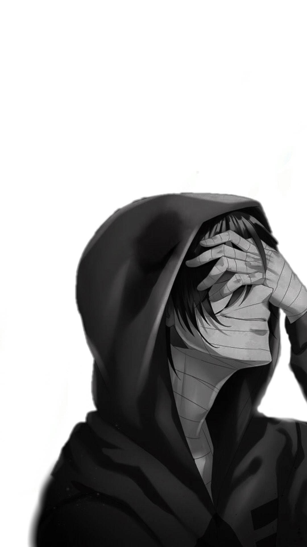 動漫男孩 桌布 壁紙 — 一個單色動漫角色穿著深色連帽衫，在純白背景上用一隻手遮住臉。