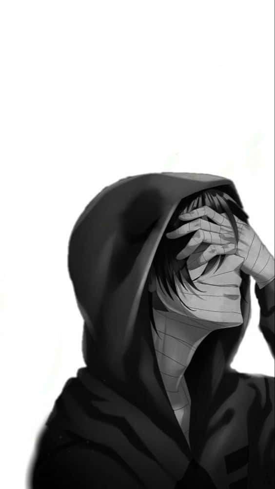 動漫男孩 桌布 壁紙 — 一個單色動漫角色穿著深色連帽衫，在純白背景上用一隻手遮住臉。