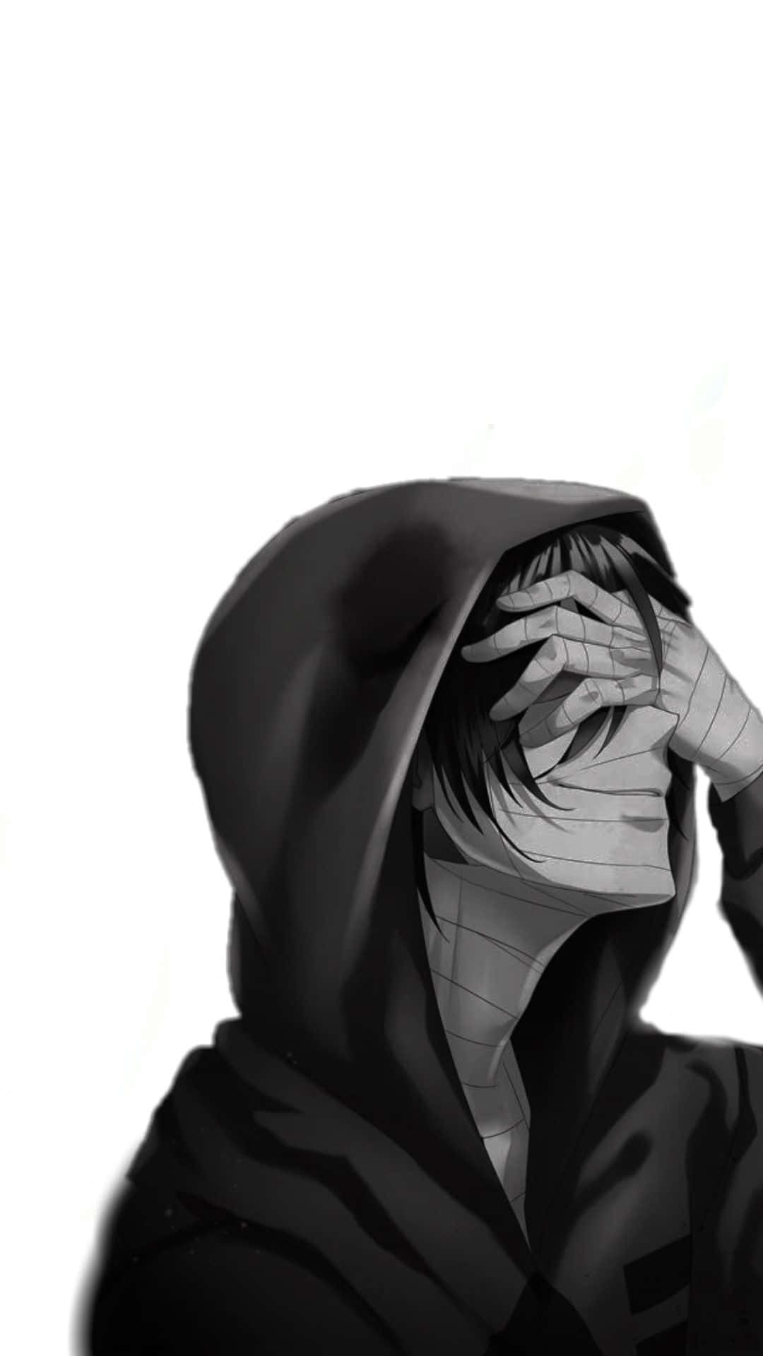depressed anime 桌布 壁紙 — 一個單色動漫角色穿著深色連帽衫，在純白背景前用一隻手遮住臉。