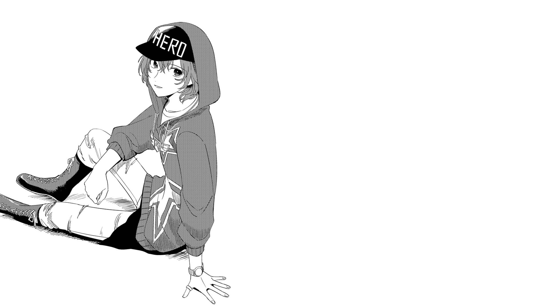 persona 5 4K 桌布 壁紙 — 一個單色動漫角色穿著連帽衫和帽子，隨意地坐在純白背景前。