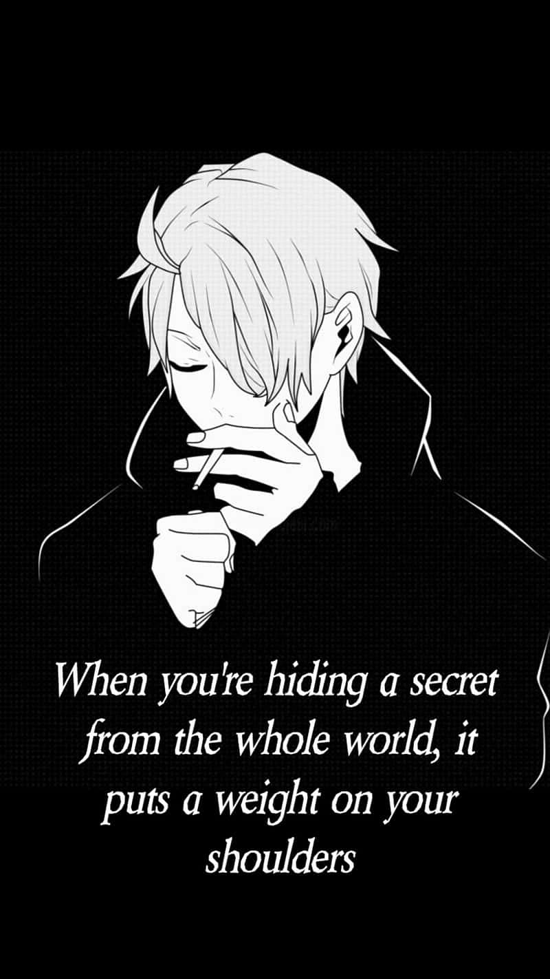Sad Anime Quotes 桌布 壁紙 — 一個單色動漫角色閉著眼睛，在紋理黑色背景上拿著香煙，並附有令人心酸的語錄。