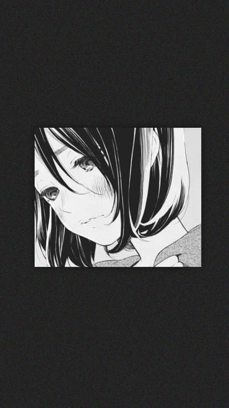 Bad Vibes 桌布 壁紙 — 一個單色動漫長髮女孩在純黑背景下向下凝視。
