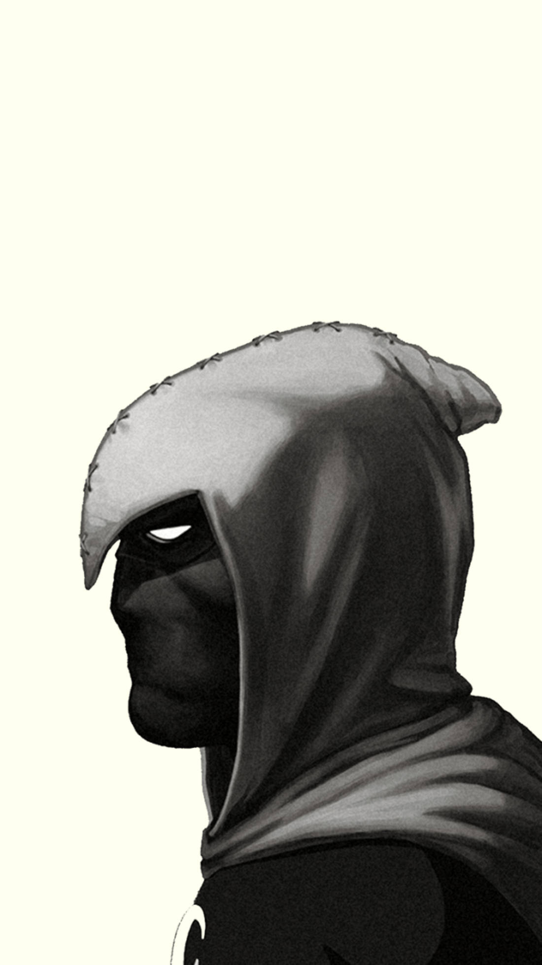 Moon Knight 桌布 壁紙 — 一個單色動漫風格、戴著兜帽、眼睛發光的人物，側面凝視著蒼白的背景。