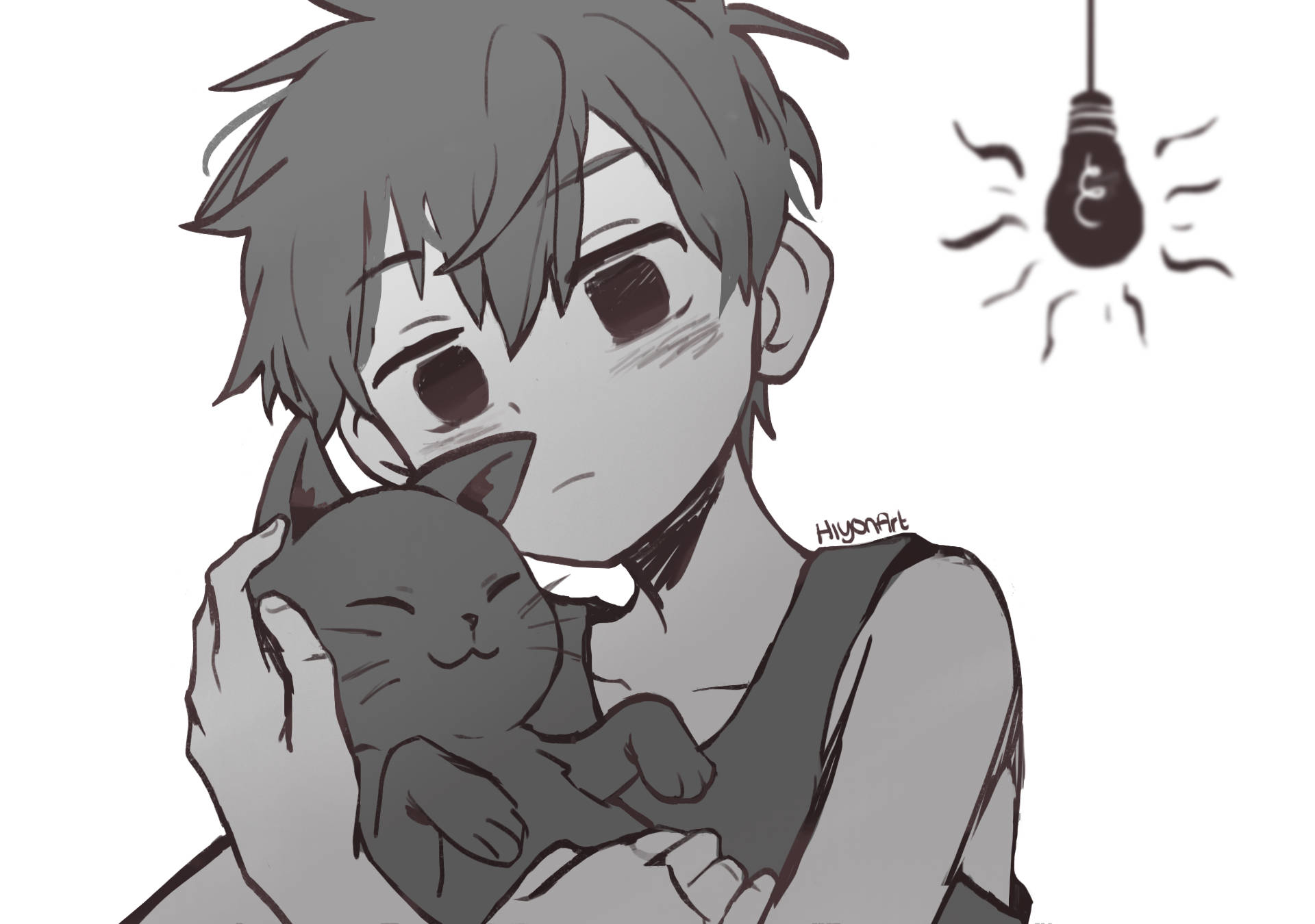 動漫男孩抱著一隻睡著的貓，頭頂上方有一個發光的燈泡。 — Omori GIF 壁紙