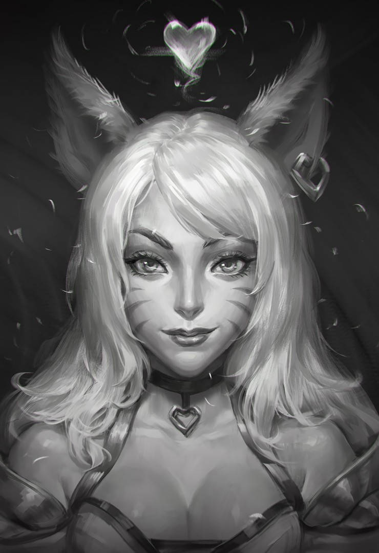 阿璃 桌布 壁紙 — 一個單色動漫風格肖像，描繪一位貓耳女性，頭頂上方有發光的心形，耳朵帶有羽毛。