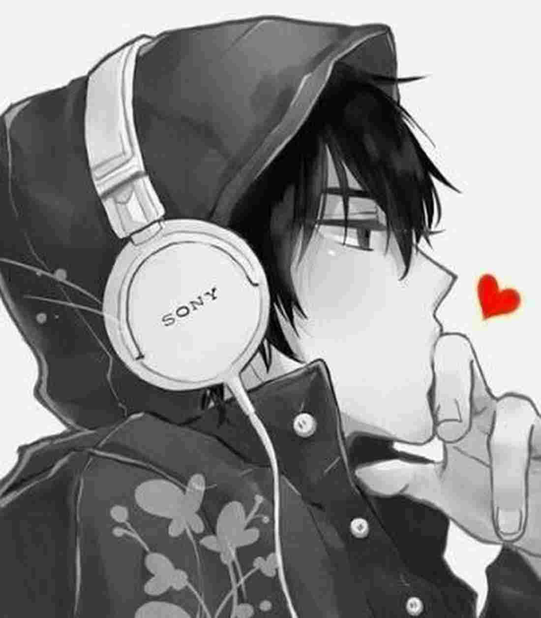 動漫男孩 桌布 壁紙 — 一個單色動畫男孩穿著連帽衫，用Sony耳機聽音樂，一顆紅心漂浮在他的嘴唇附近。
