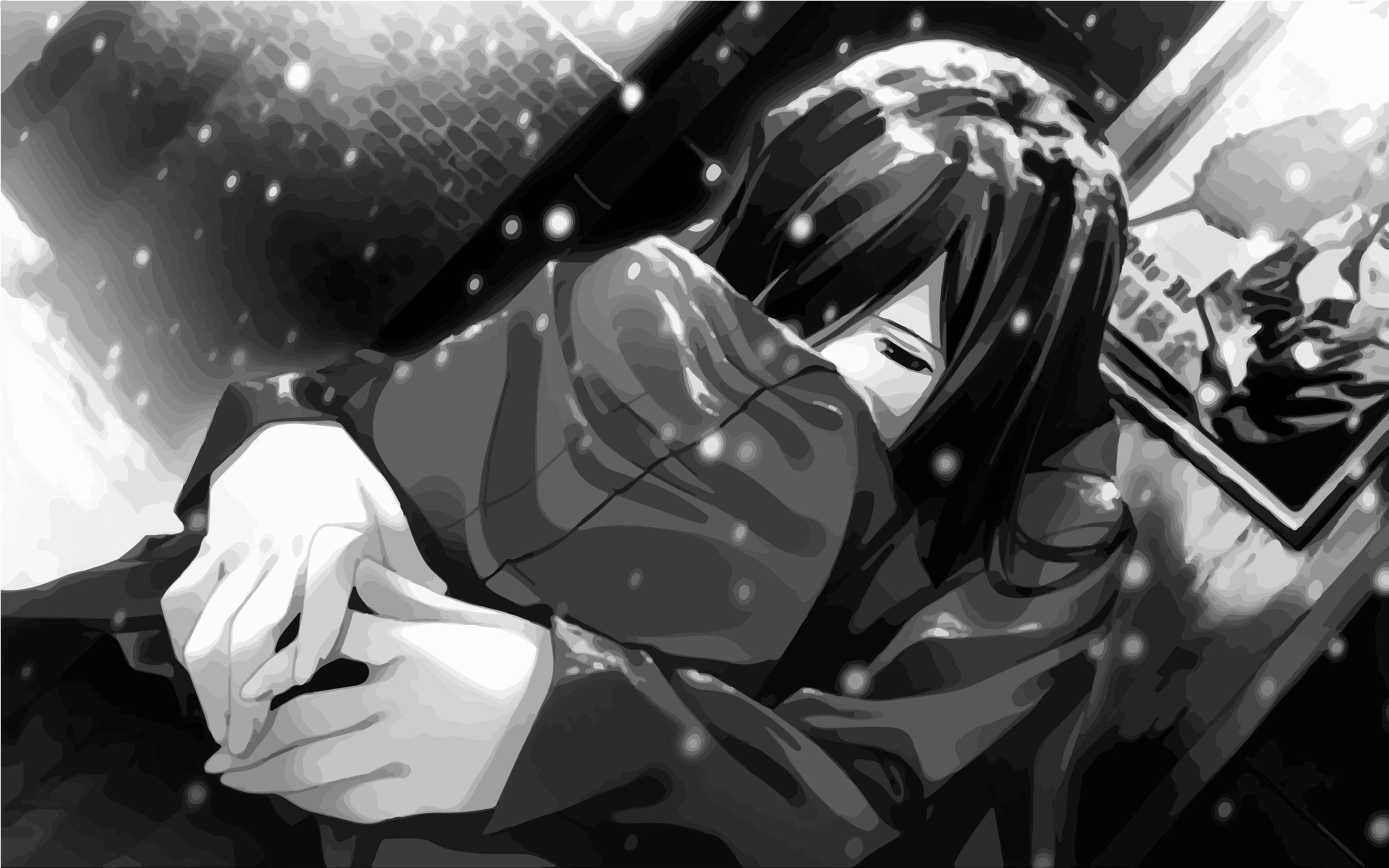黑白 桌布 壁紙 — 一個單色動畫長髮女孩在車內緊緊抱住自己，雪花飄過車窗。