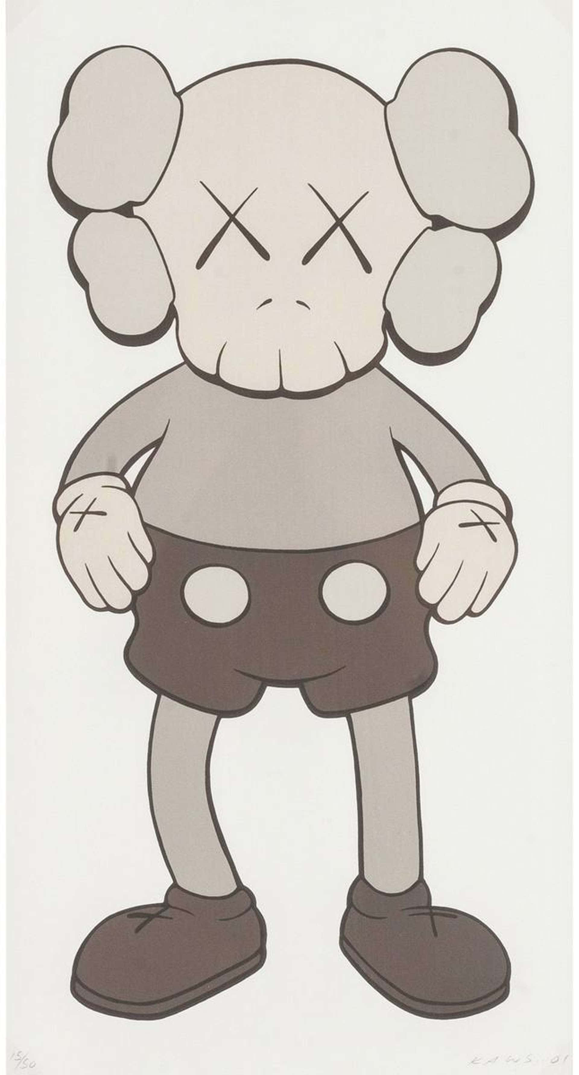 KAWS 桌布 壁紙 — 一個單色卡通角色，有X形眼睛和雲朵狀耳朵，握緊拳頭站立，風格大膽。