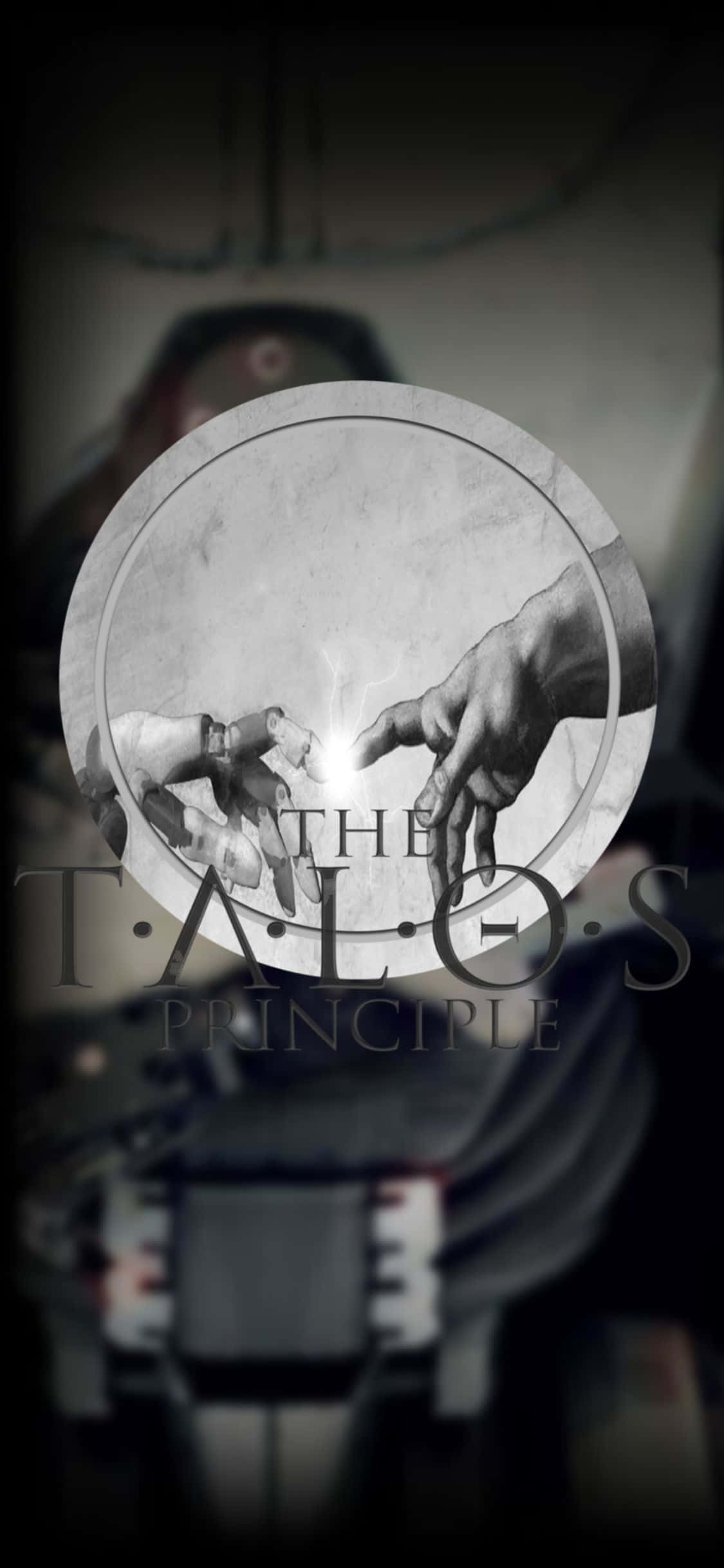 iPhone Xs The Talos Principle 桌布 壁紙 — 一個單色圓形框架顯示一隻機械手伸向一隻人類的手，背景是模糊的機械背景。