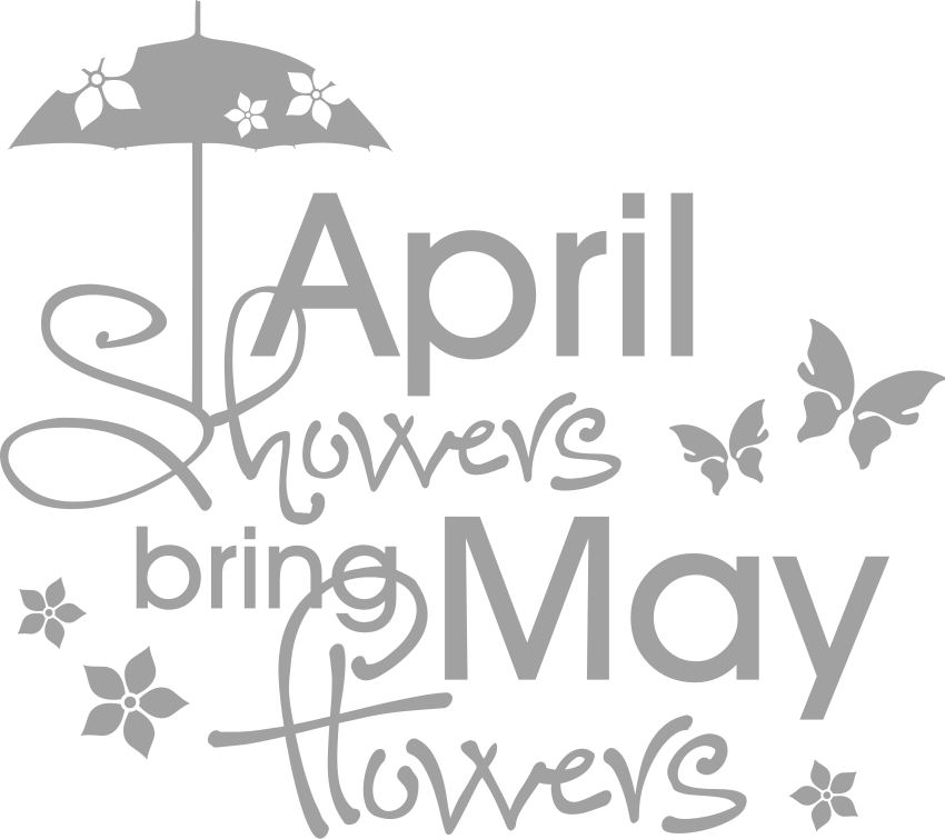 蝴蝶 桌布 壁紙 — 一個單色圖形，上面有「April showers bring May flowers」的短語，周圍環繞著雨傘和蝴蝶。
