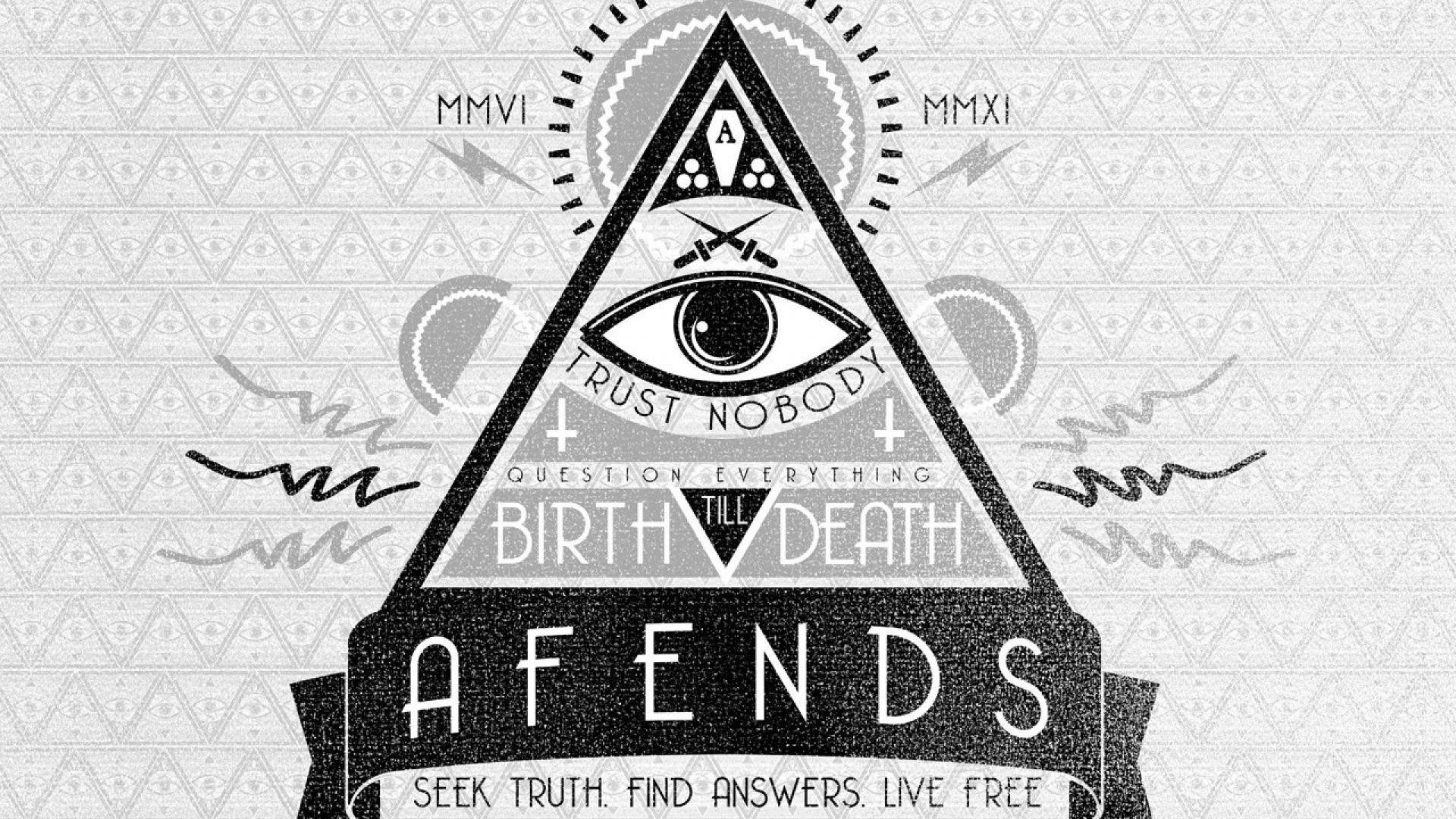 illuminati 桌布 壁紙 — 一個單色圖形，包含一個三角形內的全視之眼，周圍環繞著神秘符號和文字。