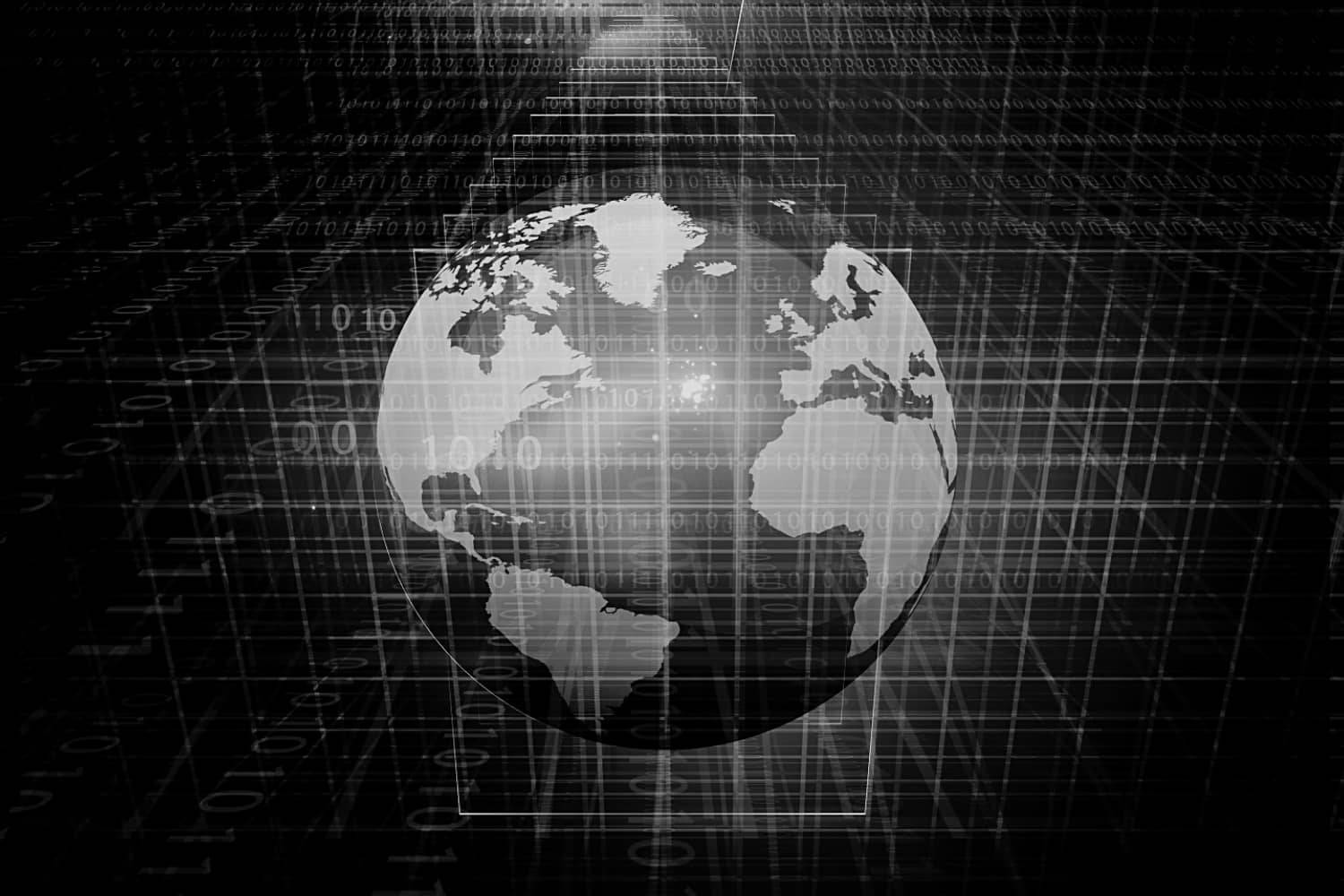 地球 桌布 壁紙 — 一個單色地球儀漂浮在層疊的二進制代碼和網格線之中，喚起數位連接的感覺。