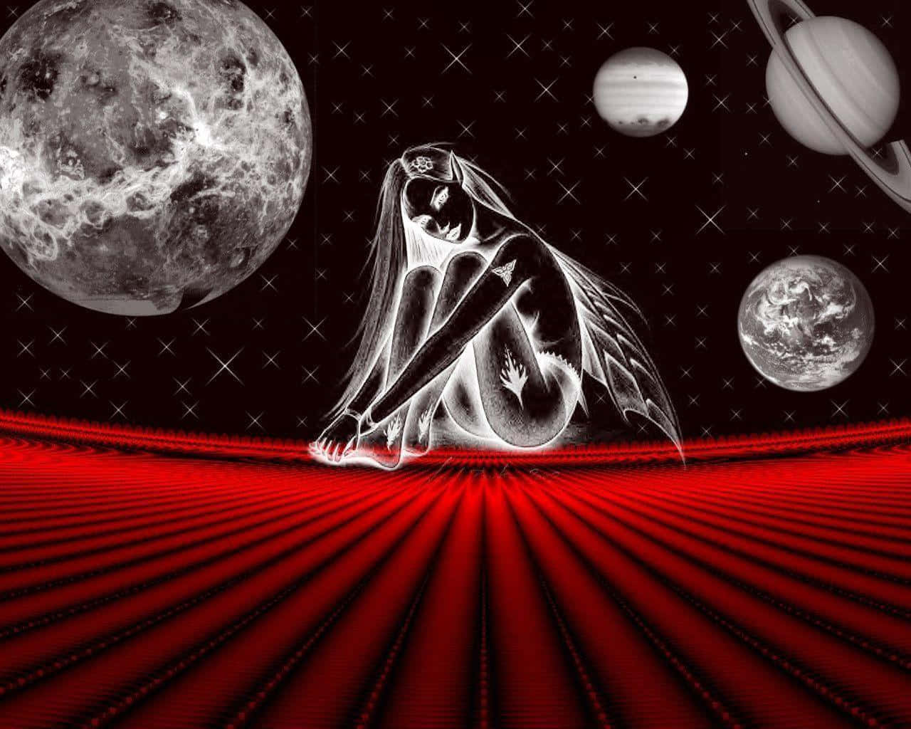 Virgo 桌布 壁紙 — 一個單色天使般有翅膀的人物坐在充滿活力的紅色無限道路上，下方是星空和行星。