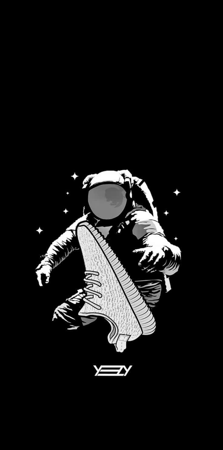 潮流玩家 桌布 壁紙 — 一個單色太空人在星空中漂浮，手持一隻巨型運動鞋。