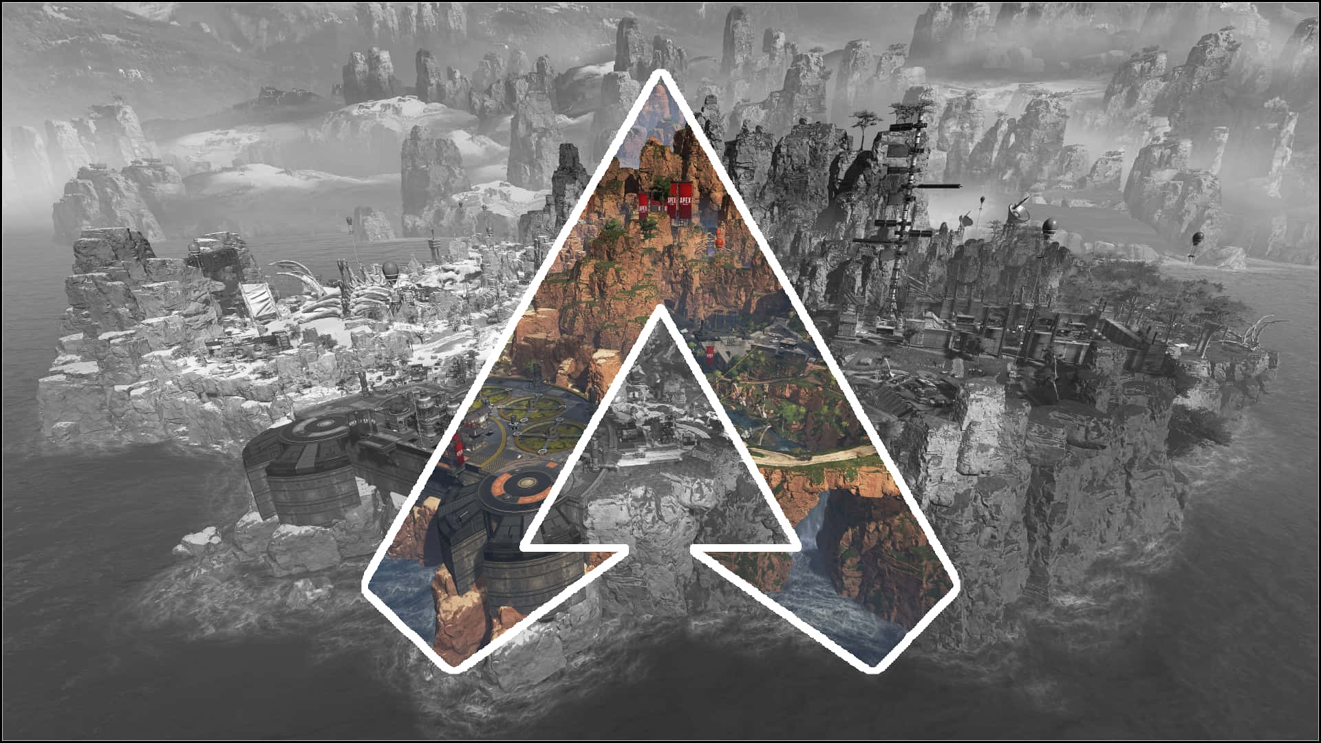 Apex 桌布 壁紙 — 一個單色奇幻景觀，發光的三角形標誌框住一個充滿活力、細節豐富的浮島城市景觀。