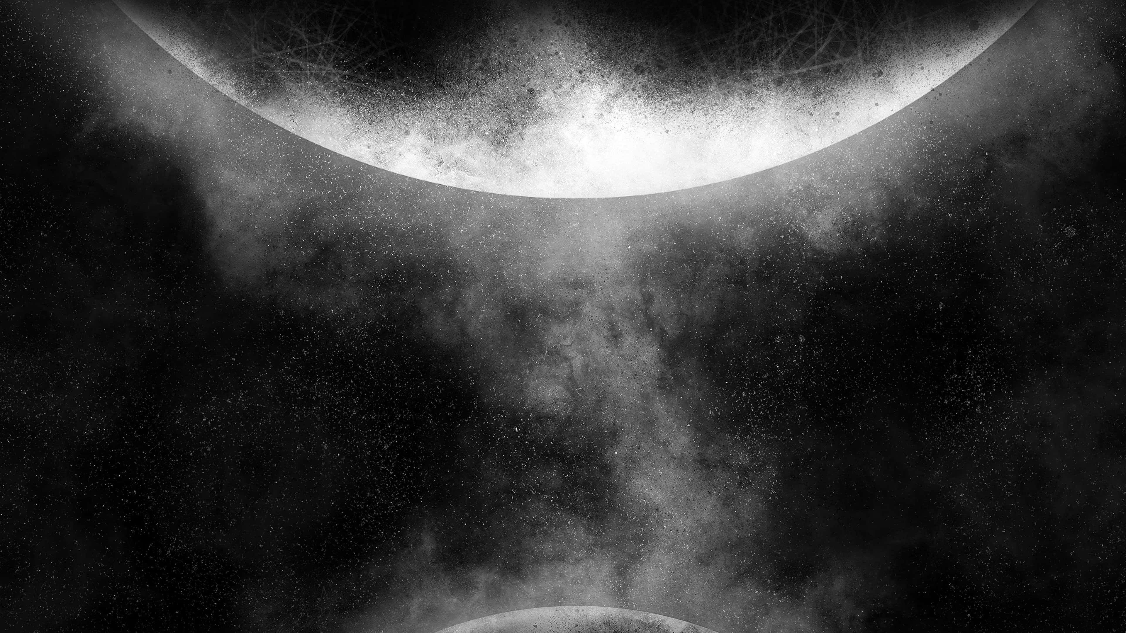 桌布 壁紙 — 一個單色宇宙場景，兩個彎曲天體框住一個繁星點點的星雲和宇宙塵埃。