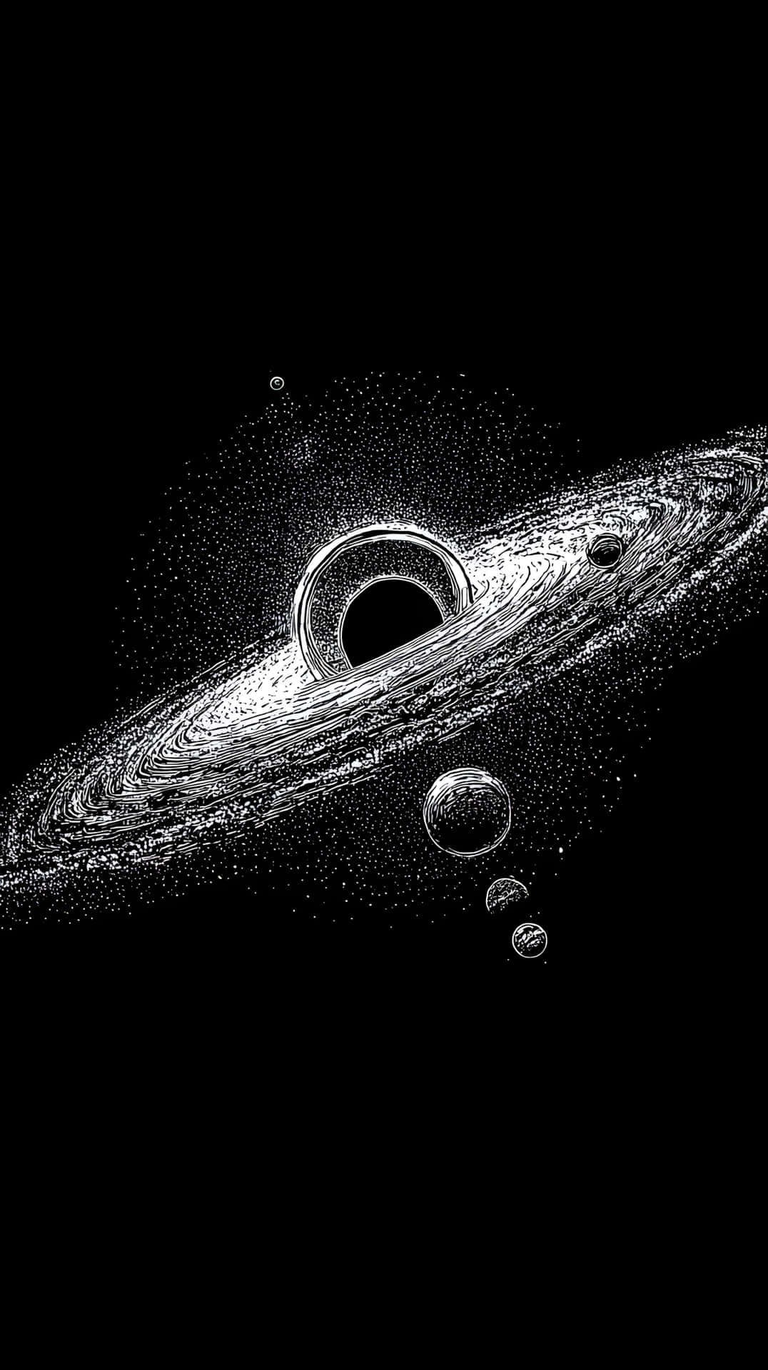 Black hole galaxy cosmic swirl monochrome 壁紙 — 一個單色宇宙場景，展示一個帶有發光吸積盤的黑洞，周圍環繞著軌道行星和恆星。