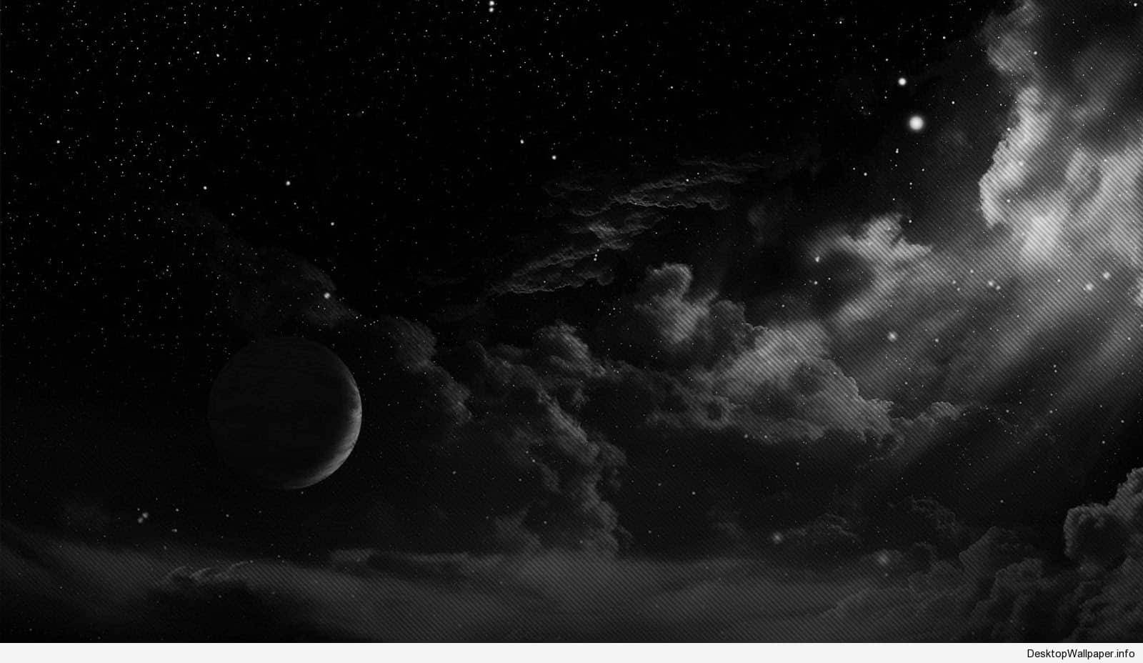 Dark Aesthetic Computer 桌布 壁紙 — 一個單色宇宙場景，行星和星星從戲劇性的雲層中探出頭來。