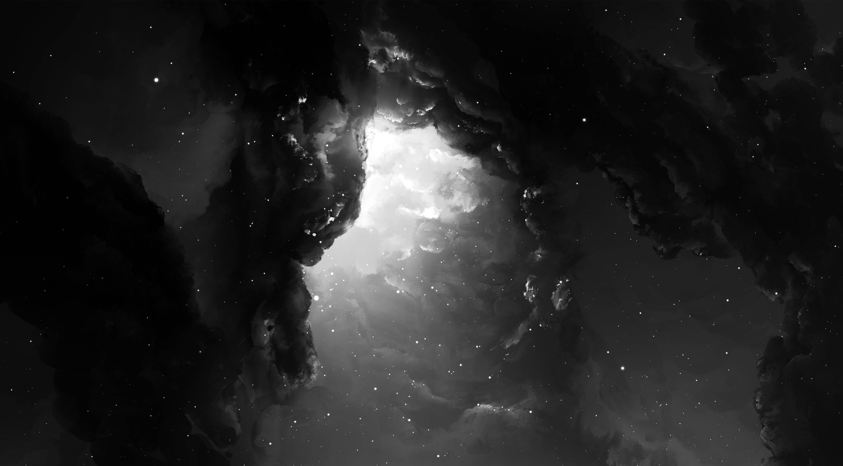 外太空 桌布 壁紙 — 一個單色宇宙場景，黑暗星雲框住明亮的星場和發光的星雲中心。