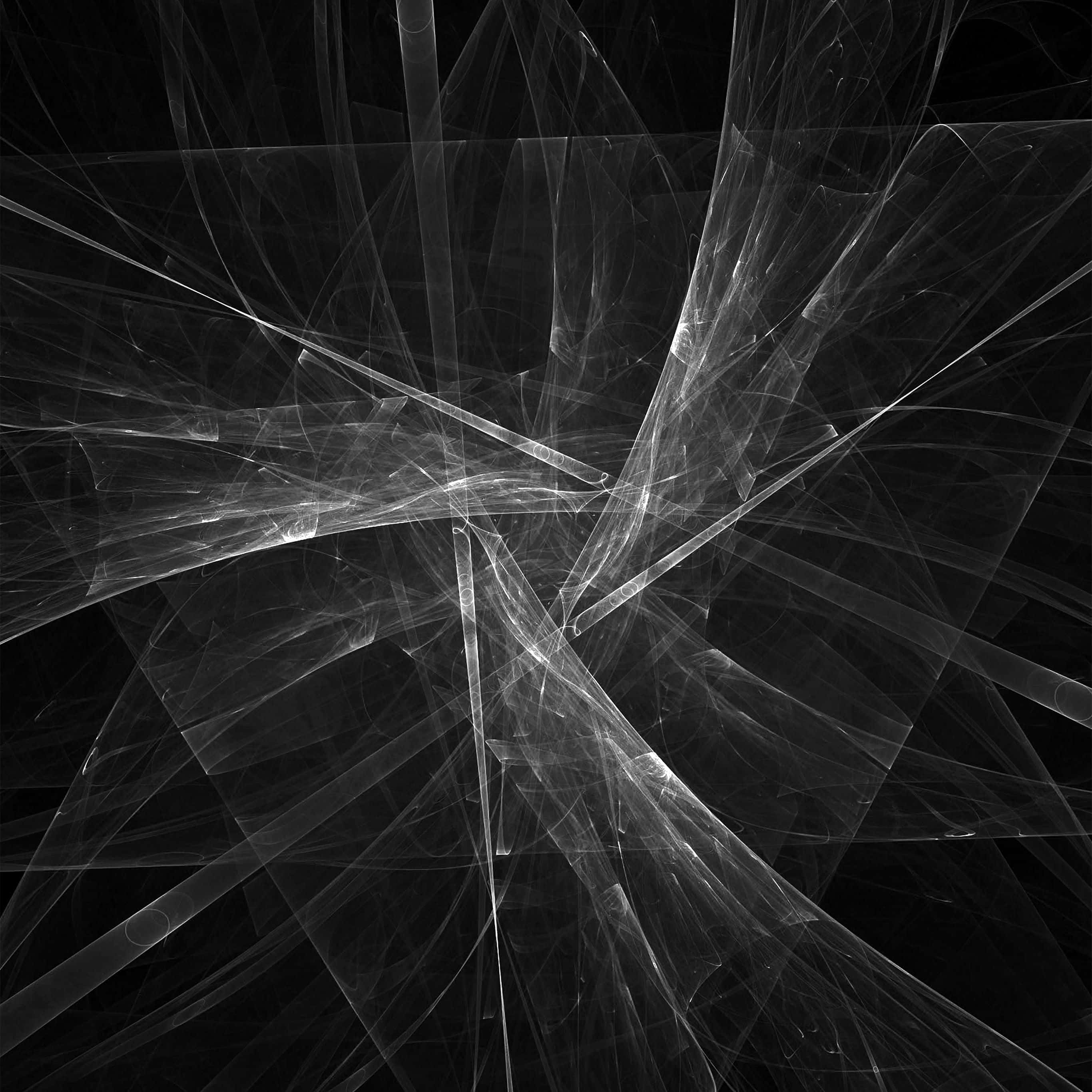 Shapes 桌布 壁紙 — 一個單色抽象碎形圖案，在黑色背景上從中心點散發出發光的白色線條。
