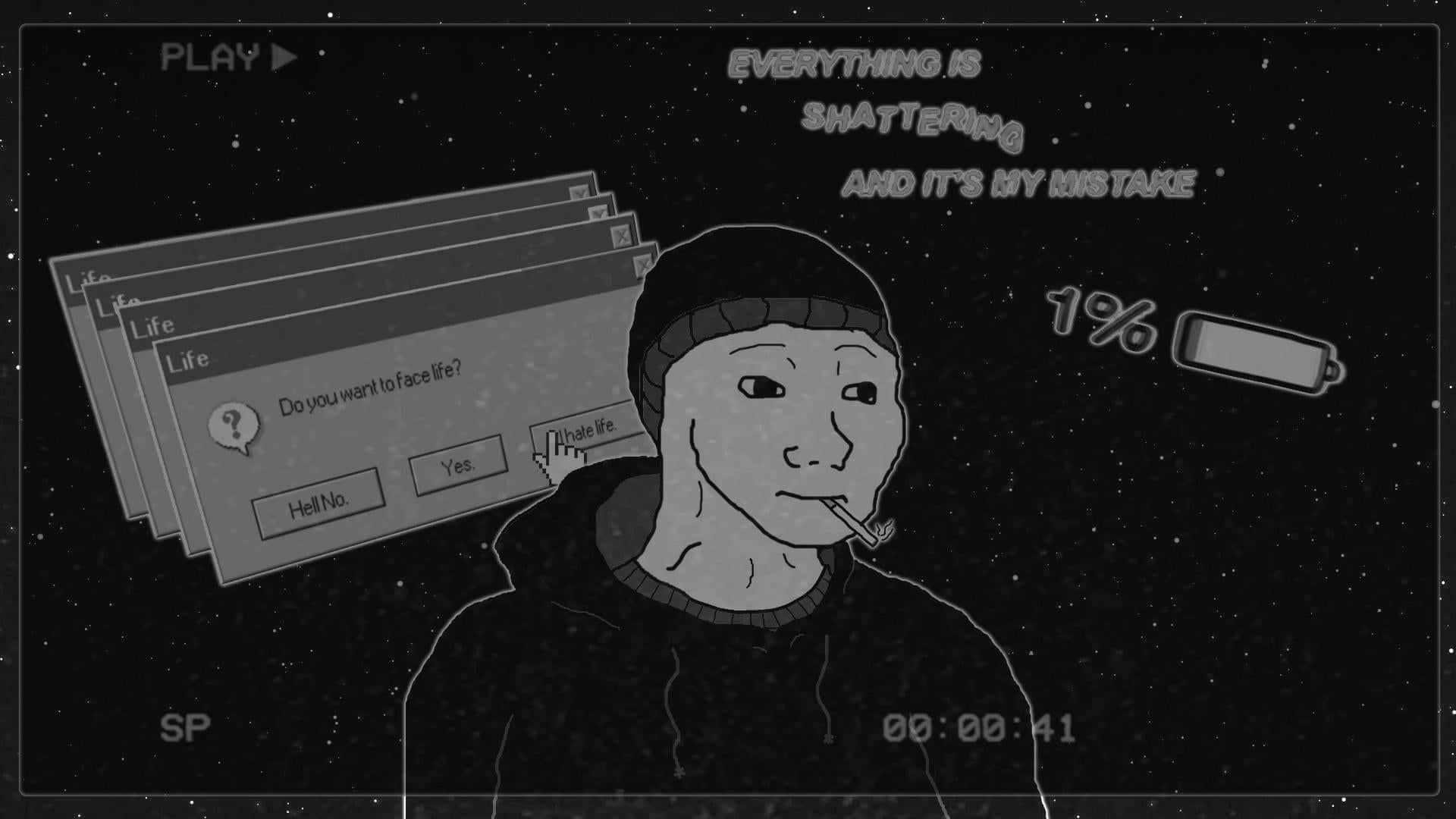Doomer 桌布 壁紙 — 一個單色插圖人物在星空虛無中吸煙，遊戲UI疊加層要求以1%電量「Abate life」。