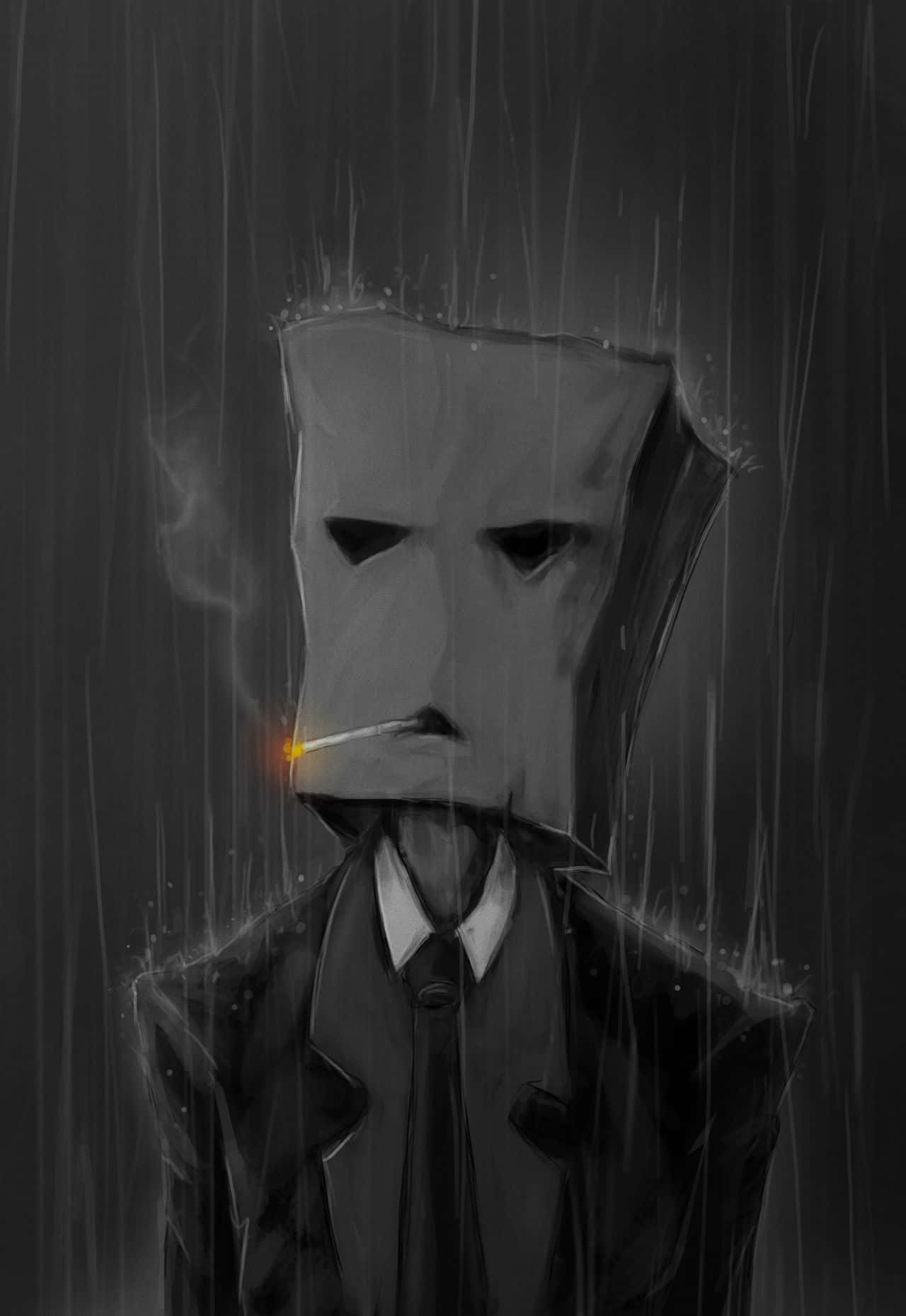 動漫男孩 桌布 壁紙 — 一個單色數位藝術人物，頭戴紙袋，在暴雨中抽煙，發光的餘燼與陰暗形成對比。