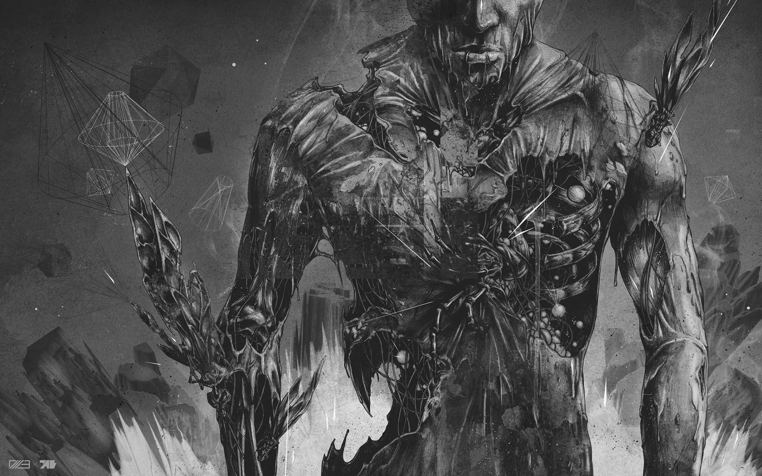 macabre 桌布 壁紙 — 一個單色數位藝術描繪，呈現一個怪誕、生物機械的人形人物，內部器官暴露，幾何形狀漂浮在周圍。