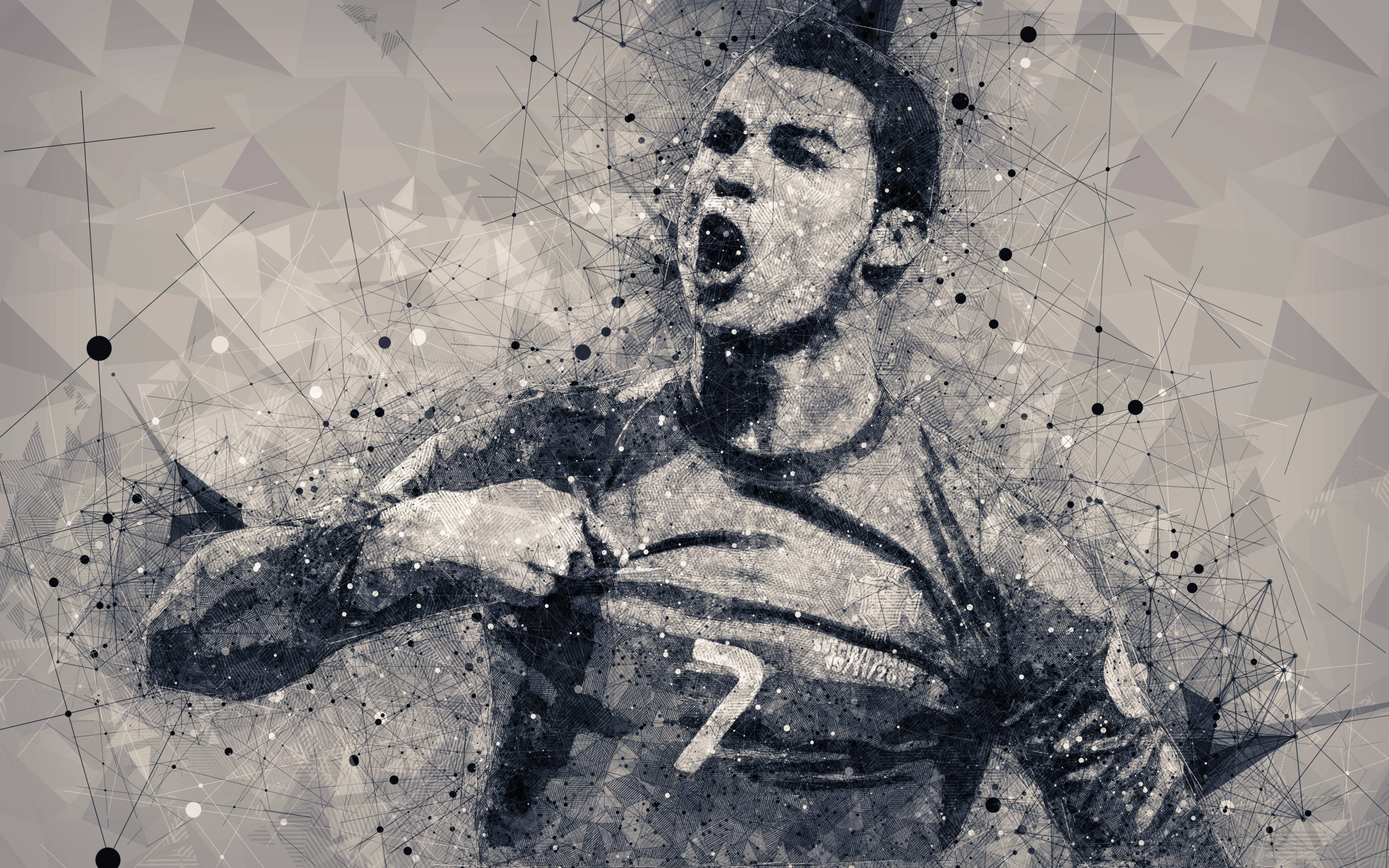 Ronaldo 桌布 壁紙 — 一個單色數位藝術肖像，描繪一名足球運動員在動作中，帶有幾何圖案和粒子效果。
