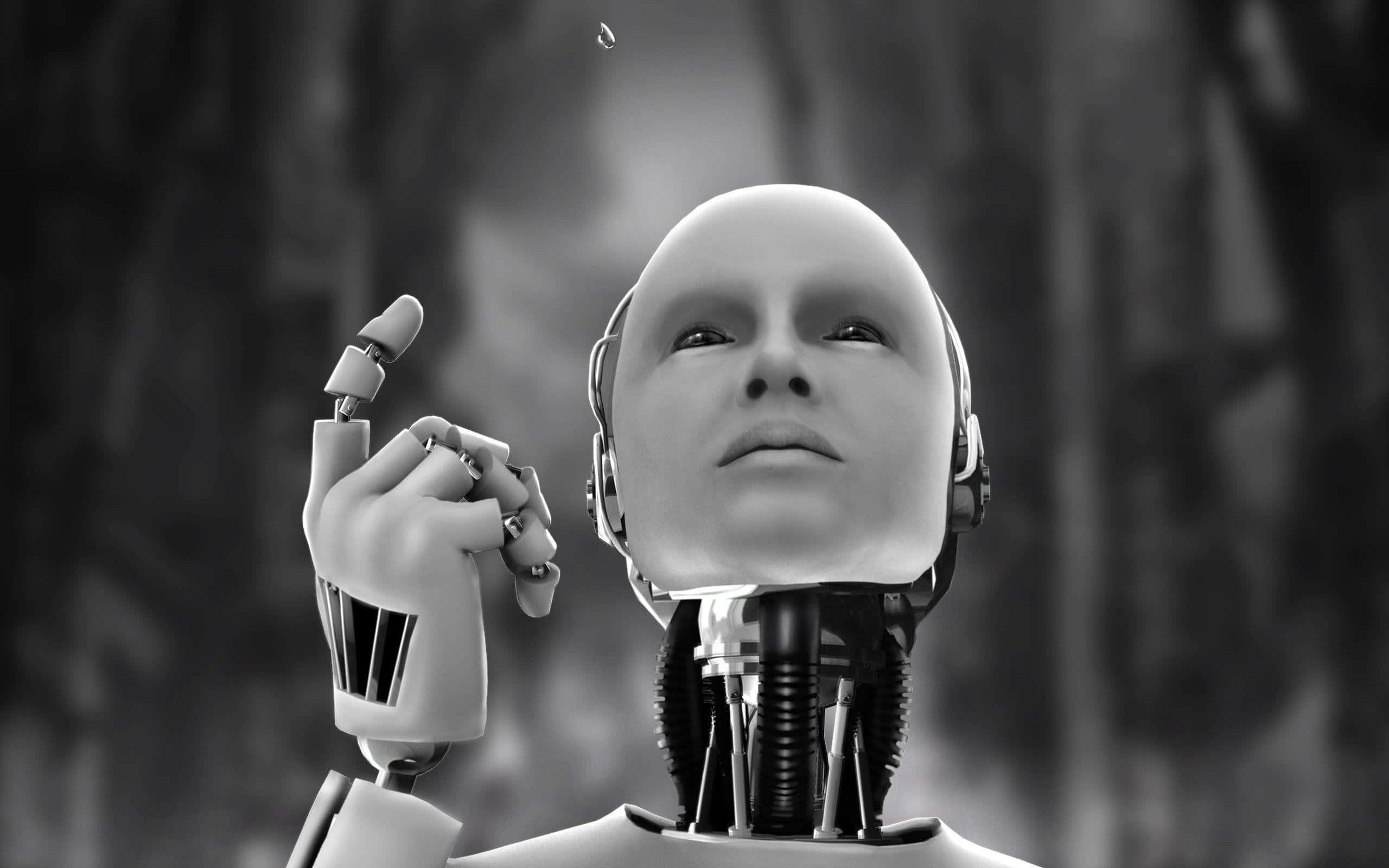 AI 桌布 壁紙 — 一個單色機械頭部，帶有外露的機械頸部，向上凝視，一滴水珠懸浮在其舉起的手上方。