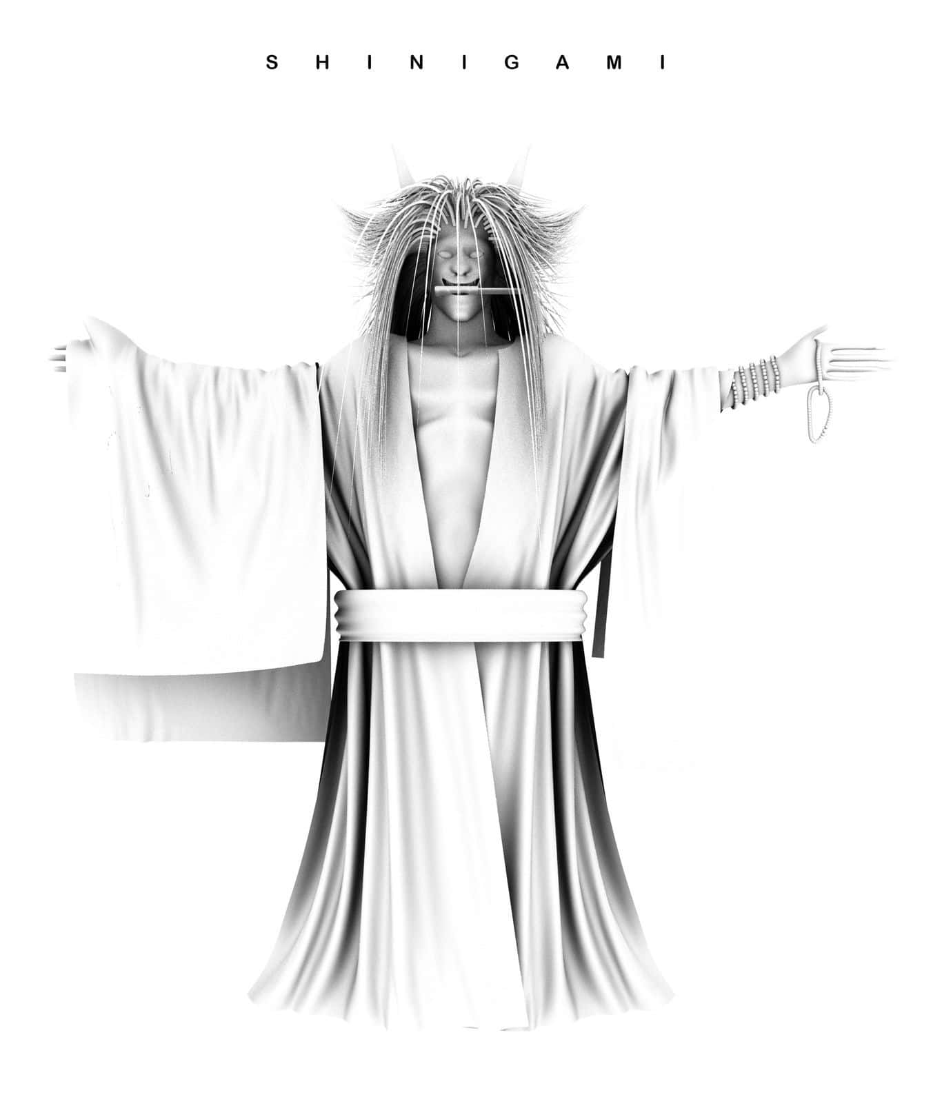 Reaper Death Seal 桌布 壁紙 — 一個單色死神形象，長髮持鐮，雙臂張開，立於純白背景前。