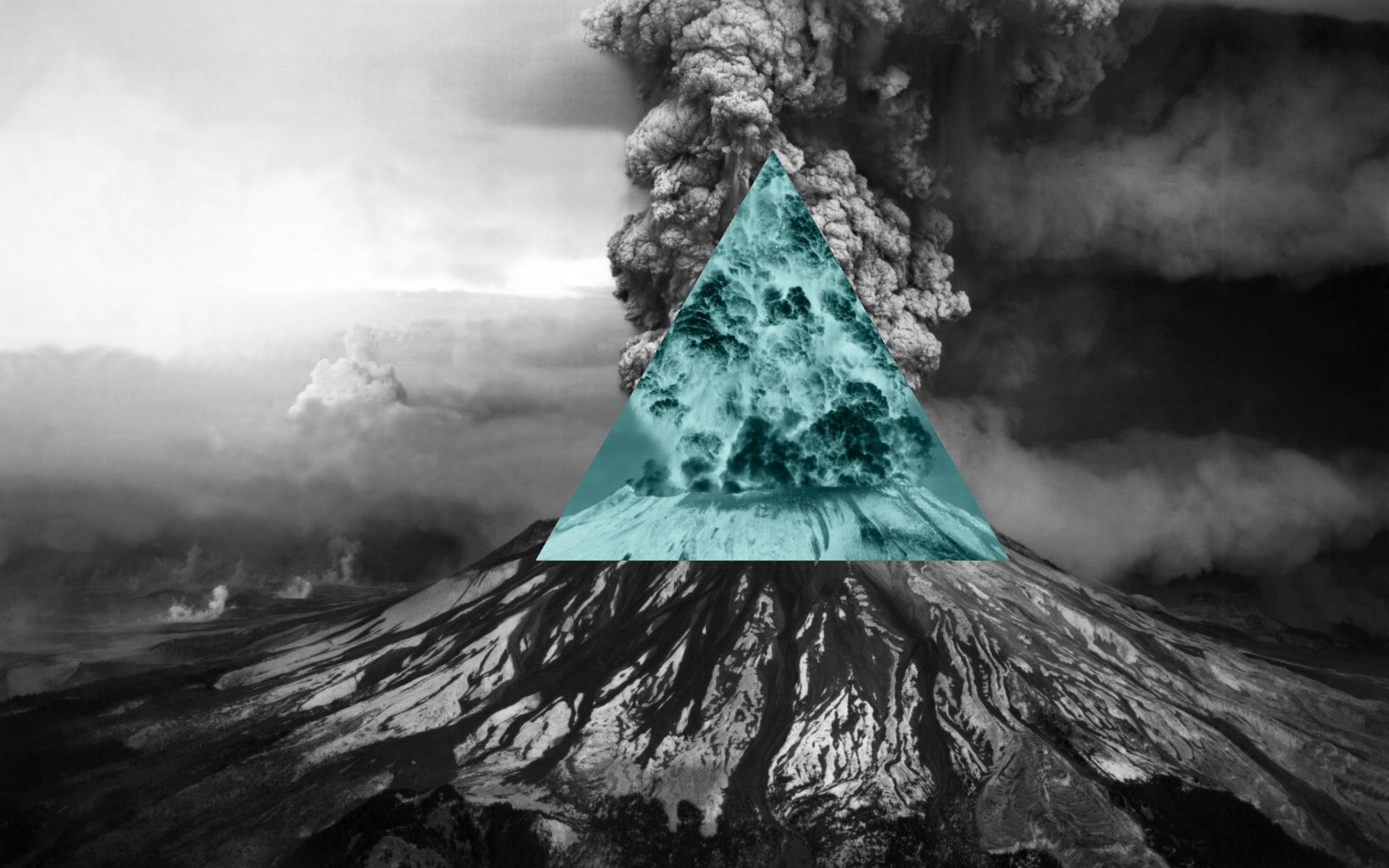 Polyscape 桌布 壁紙 — 一個單色火山爆發，由一個發光的青綠色三角形框住，揭示下方湍急的水流。