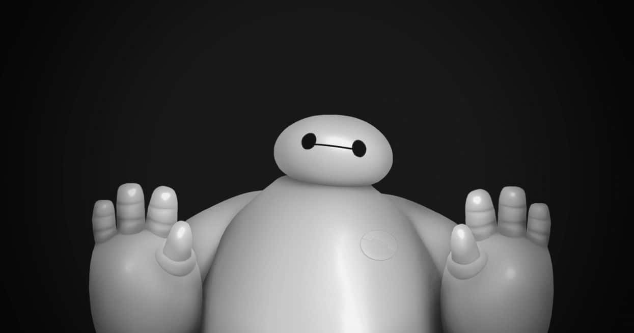 Cartoon Robot 桌布 壁紙 — 一個單色特寫，顯示充氣醫療機器人Baymax在深色漸變背景上舉起雙臂。