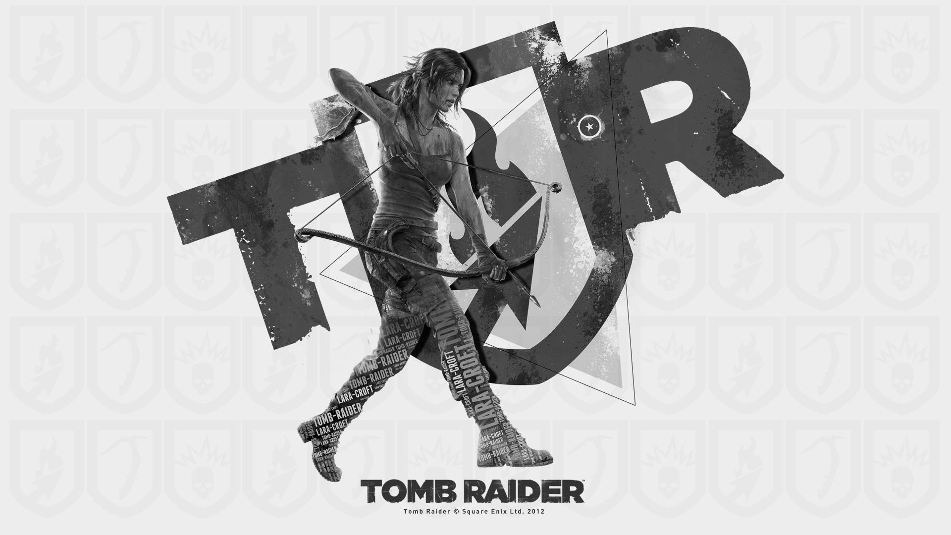 桌布 壁紙 — 一個單色的 Tomb Raider 角色，以弓箭做出動作姿勢，背景是風格化的標誌。
